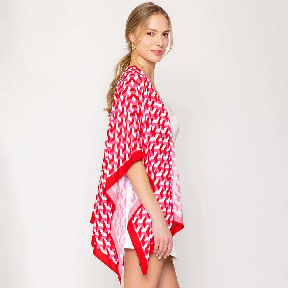 Stylish Red Geometric Print Ruana Poncho - Lightweight & Versatile Wrap for Women | Perfect for Fall, Winter, Beach Cover-Up & Boho Fashion