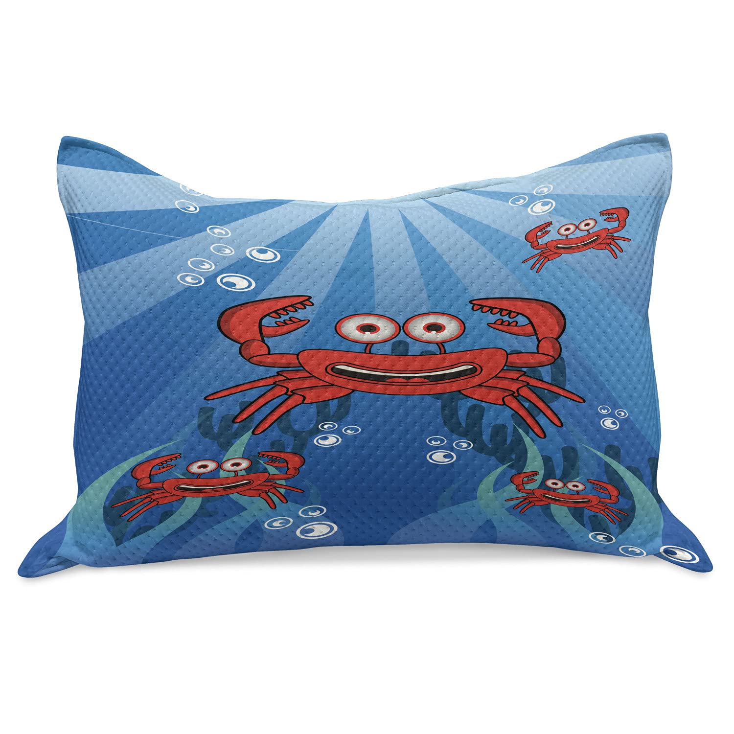Ambesonne Funny Crab Knitted Quilt Pillow Cover - Happy Smiling Crabs Underwater with Bubbles, Coral & Sun Rays - Standard Queen Size 30x20 Inches - Blue & Red - Perfect for Beach Themed Bedroom Decor & Coastal Home Accessories