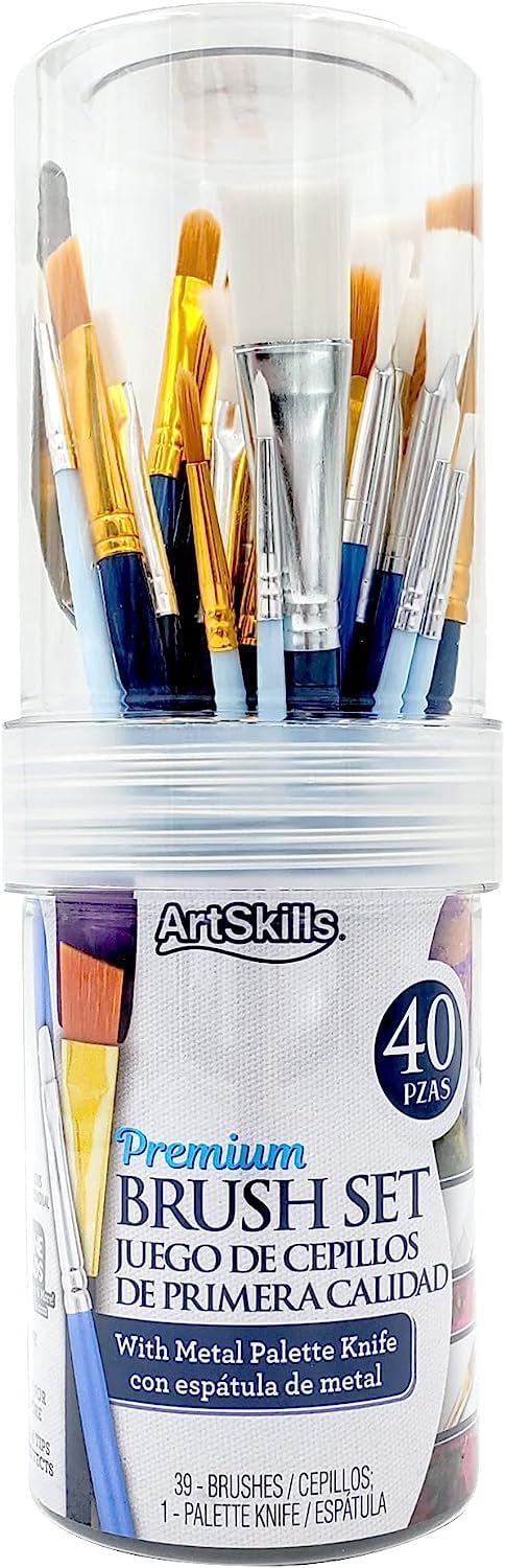 ArtSkills 40-Piece Acrylic Paint Brush Set for Canvas Painting - Professional Artist Brushes with Palette Knife - Perfect for Acrylics, Oil, Watercolor & Craft Projects - Ideal for Beginners & Professional Artists