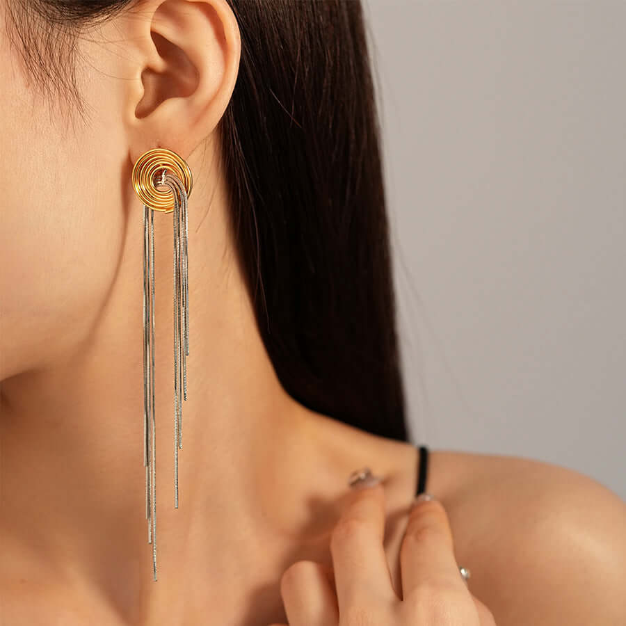Vintage 2-Tone Metallic Spiral Tassel Long Chain Earrings for Women | HE22452 | Boho Chic Jewelry for Parties, Weddings & Date Nights