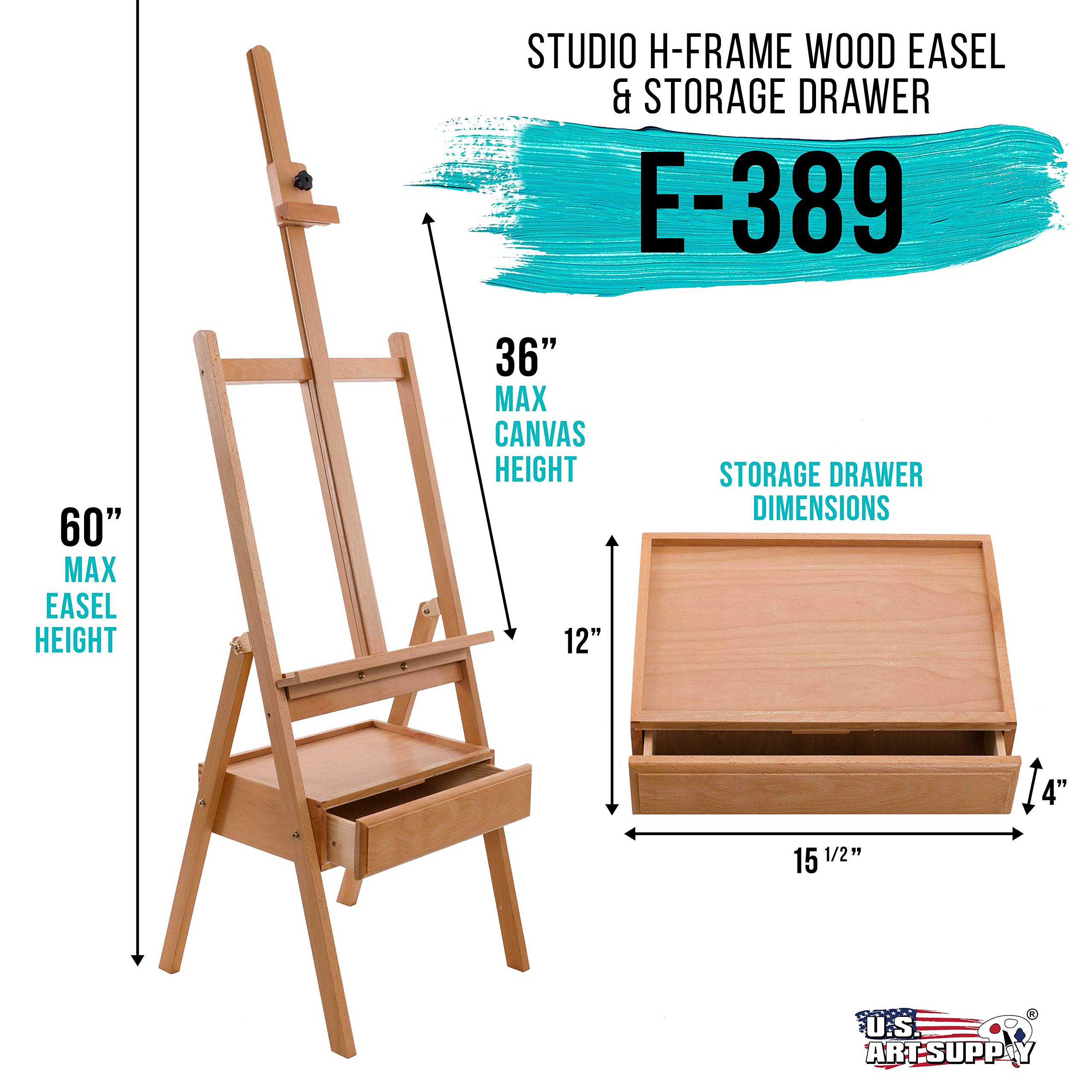 U.S. Art Supply Large Adjustable H-Frame Wooden Studio Easel with Storage Drawer & Shelf - 75