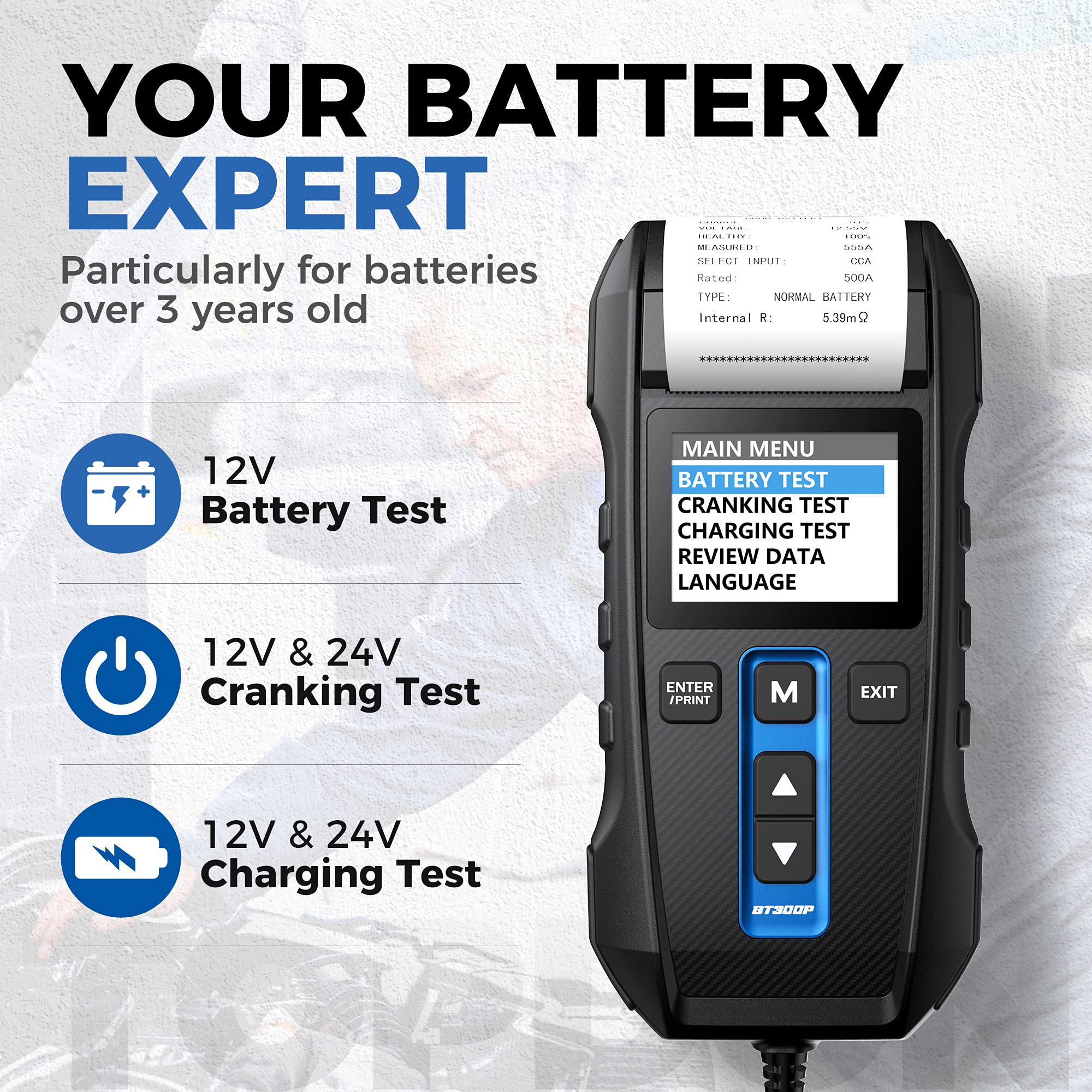 TOPDON BT300P 12V 24V Car Battery Tester - 100-2000CCA Lead-Acid Battery Load Tester with Built-in Printer & Spark-Free Metal Clamps | Alternator Tester with Automatic Reverse Polarity Protection | Perfect for Auto Shops, Mechanics & DIY Car Maintenance