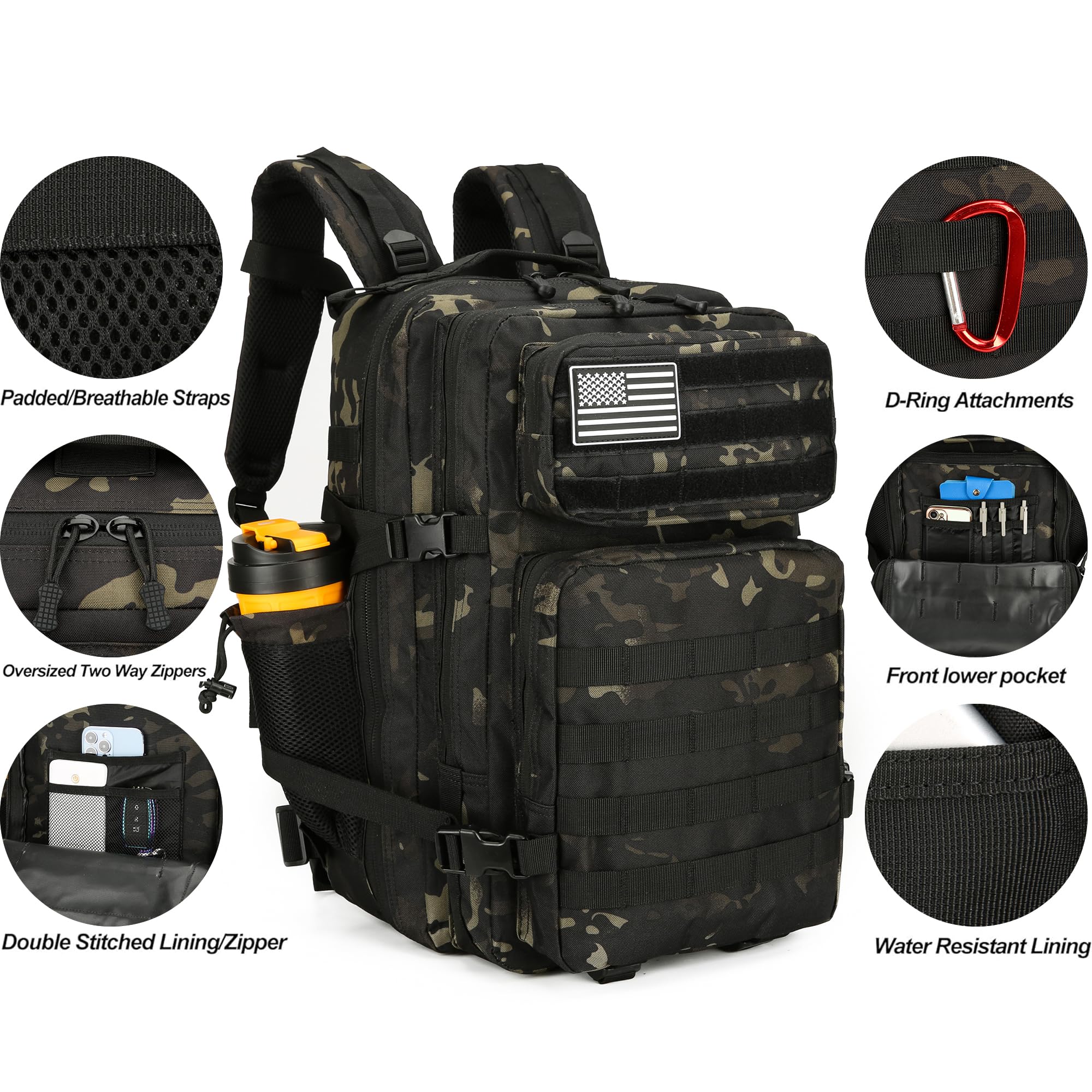 45L Tactical Assault Backpack - 3 Day Military Molle Rucksack with Waterproof Design for Outdoor Camping, Hiking & Airsoft (Black Camo)