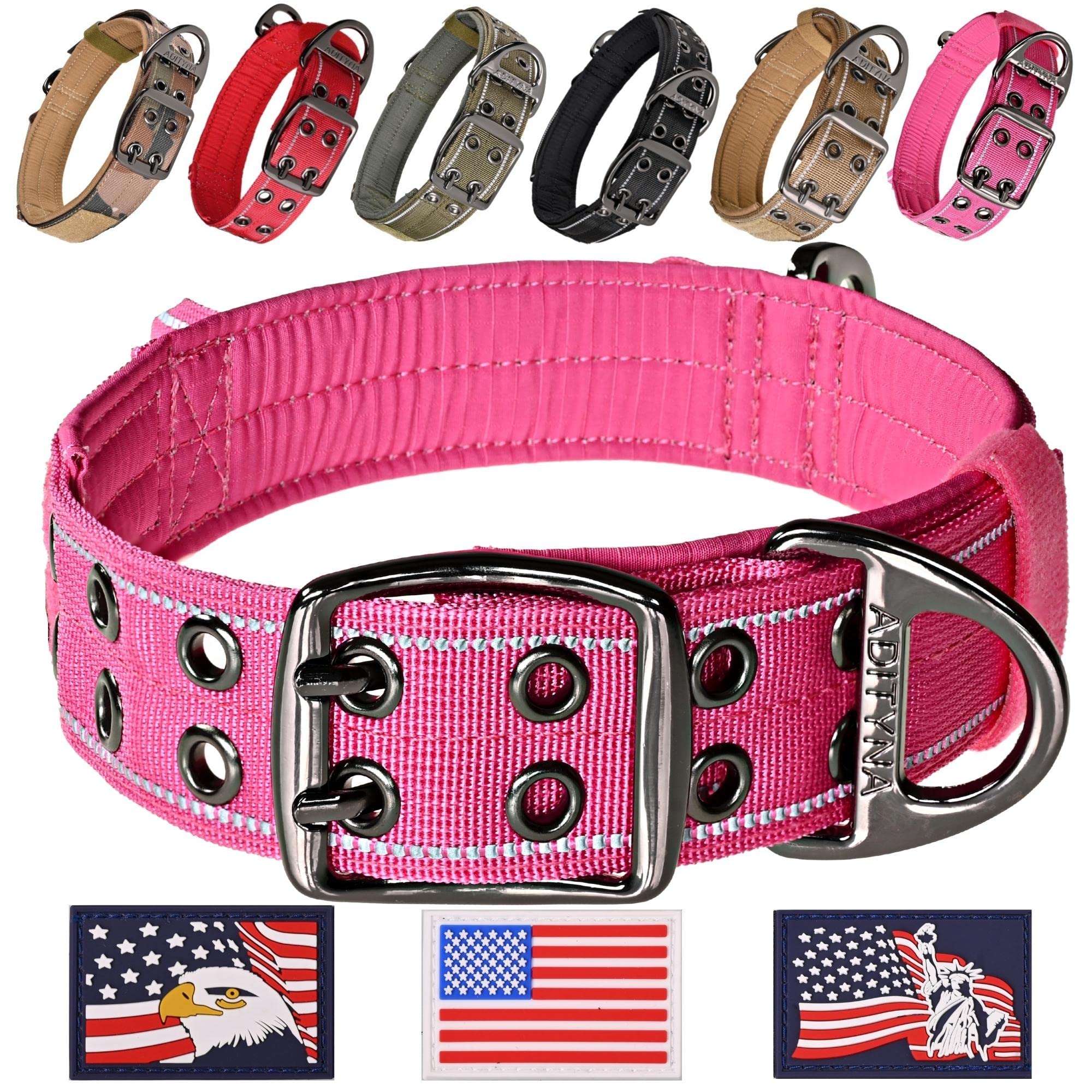 ADITYNA Heavy Duty Reflective Pink Dog Collar with Handle - Wide Neoprene Padded Tactical Collar for Large Female Dogs - Durable Comfortable Pet Accessories for Walking, Training, Hiking & Outdoor Adventures - Perfect for Night Safety and Active Lifestyles