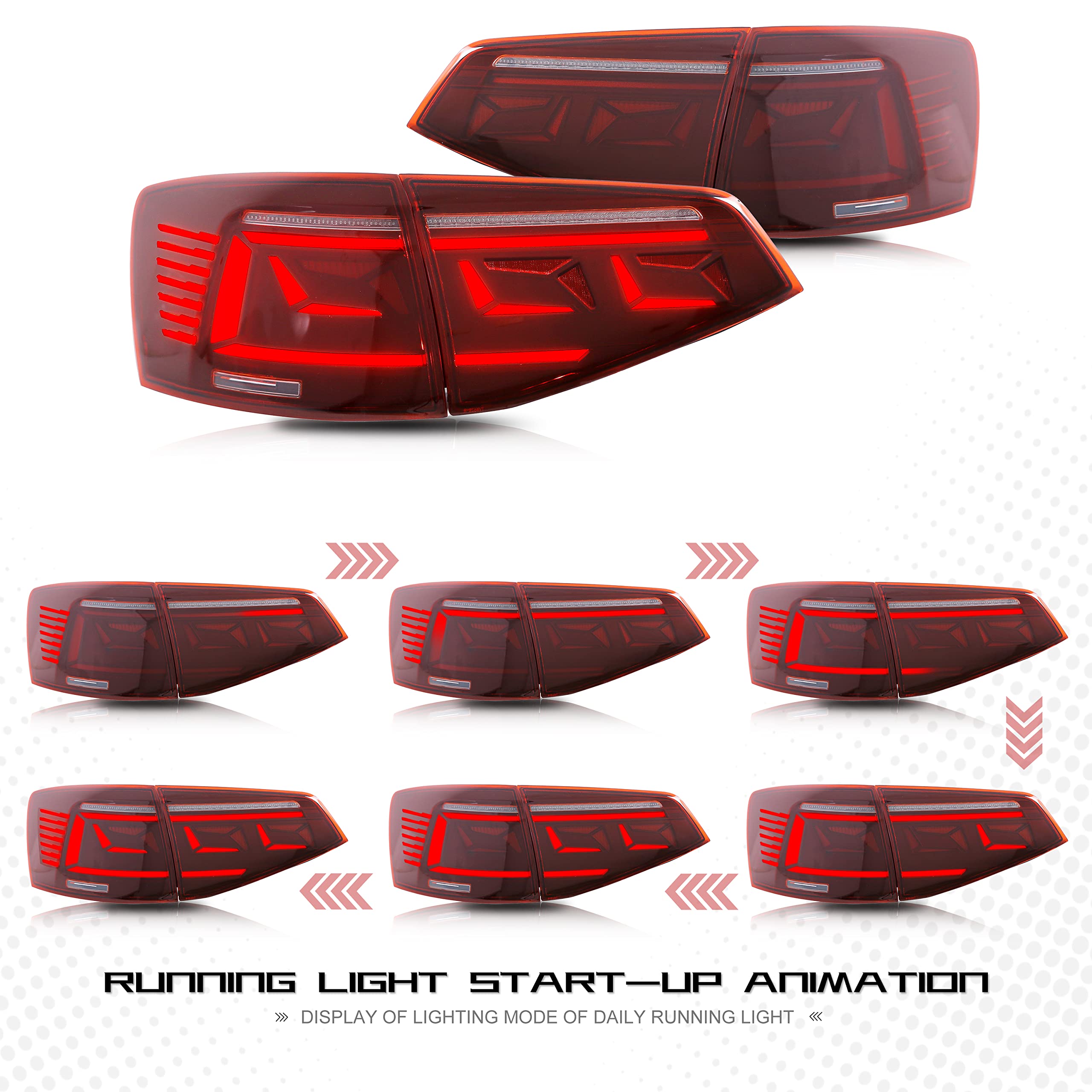 2015-2018 Volkswagen Jetta LED Tail Lights with Startup Animation & Sequential Turn Signals - Red Rear Lamp Assembly for Enhanced Visibility & Style