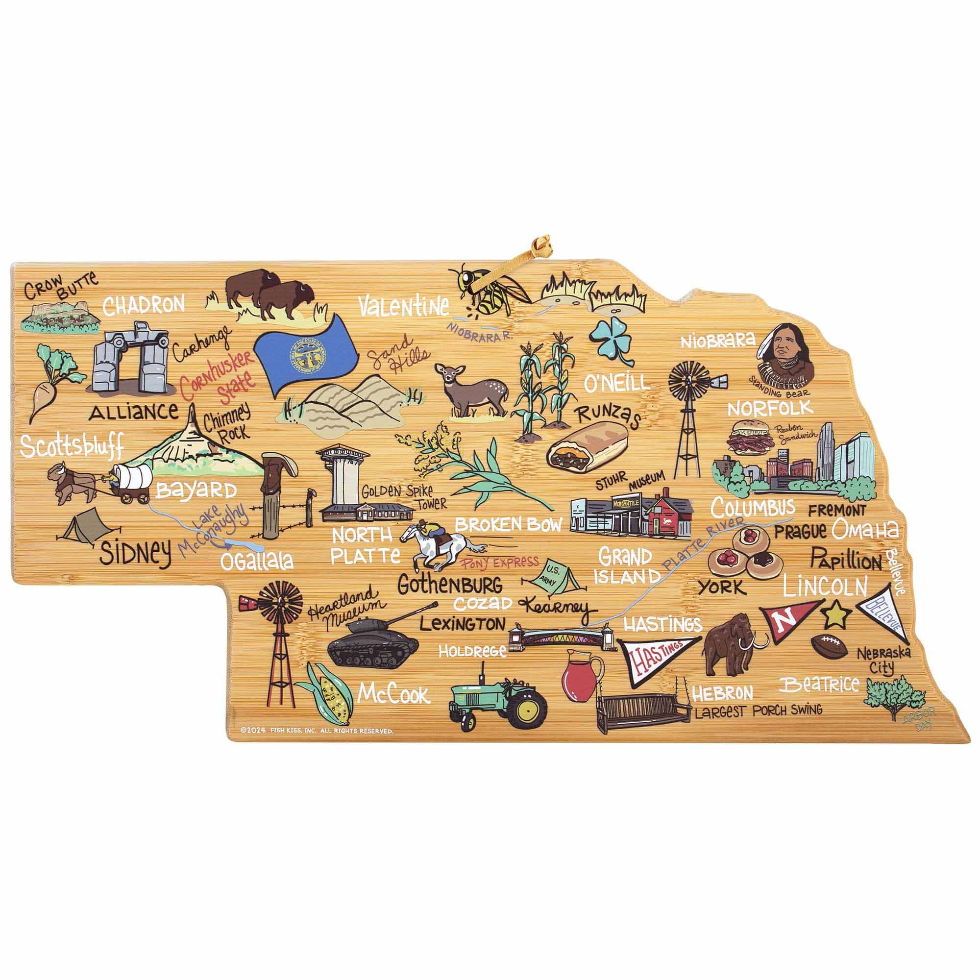 Premium Nebraska Wooden Cutting Board with Fish Kiss™ Artwork - Durable Kitchen Chopping Board for Meat, Vegetables & Cheese - Perfect Gift for Home Chefs & Cooking Enthusiasts