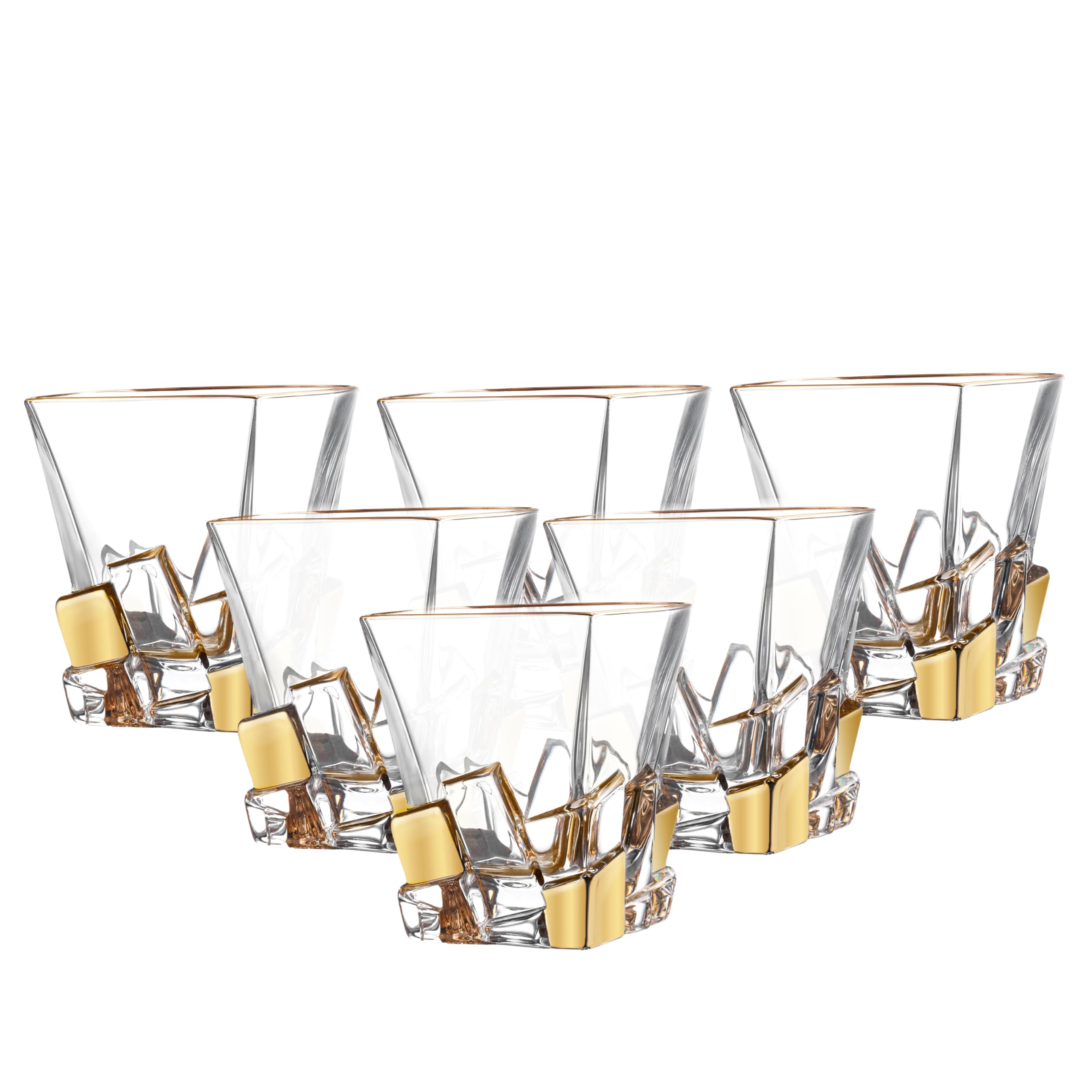 Premium European Crystal Glass Set of 6 - Square Double Old Fashioned Tumblers 11.7oz with Gold Ice Design - Handcrafted in Europe - Perfect for Whiskey, Cocktails & Elegant Home Bar Decor