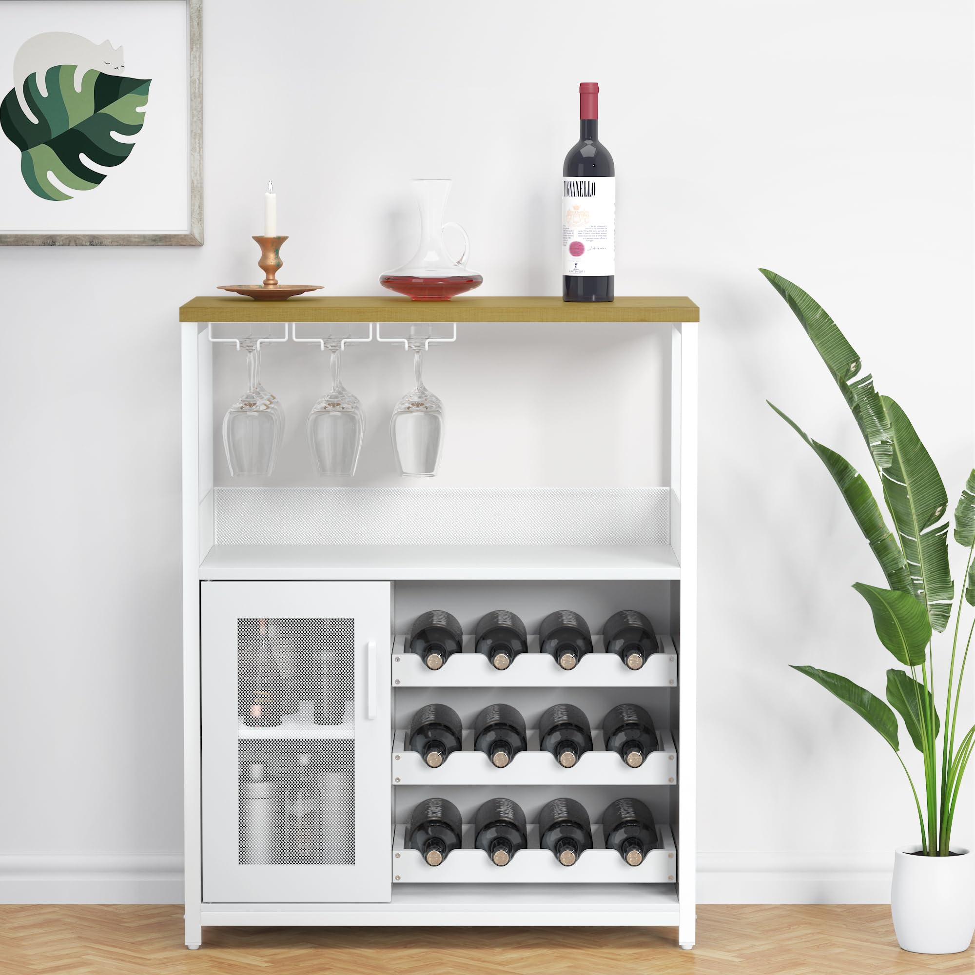 Industrial White Wine Bar Cabinet with Detachable Wine Rack - Farmhouse Coffee Bar Sideboard & Buffet Storage Cabinet for Kitchen, Dining & Living Room - Perfect for Home Bars, Entertaining & Wine Storage (White)