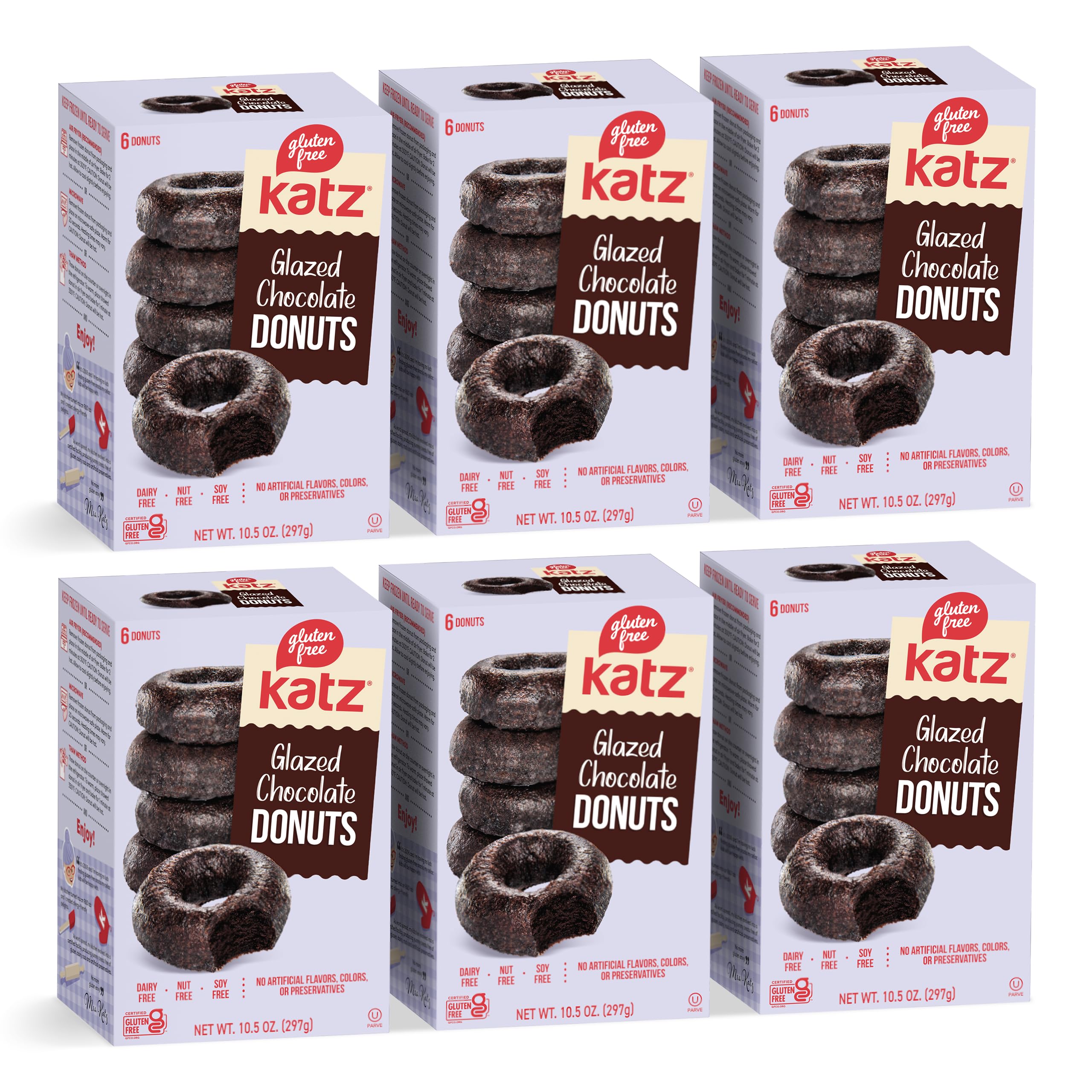 Katz Gluten Free Glazed Chocolate Donuts - Dairy Free, Nut Free, Soy Free, Kosher Certified (6 Packs of 6 Donuts, 10.5 oz Each) - Perfect for Allergies, Vegan Diets & Special Occasions