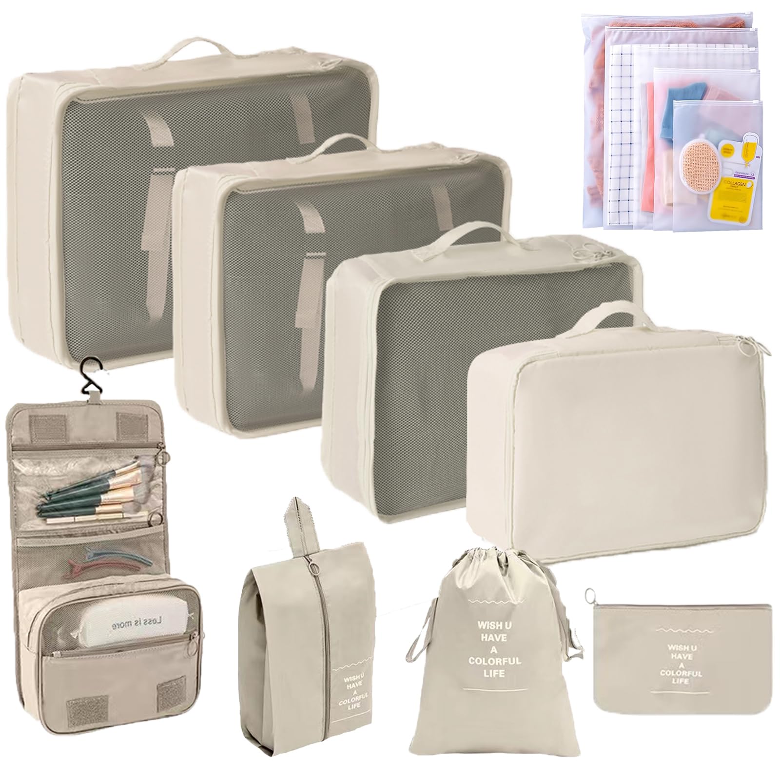 Giznzg 13-Piece Packing Cubes Set - Travel Luggage Organizer with Shoe Bag, Cosmetic Bag, Clothing Bag & Accessory Pouches for Suitcase (Beige) - Perfect for Business Trips, Vacations & Weekend Getaways