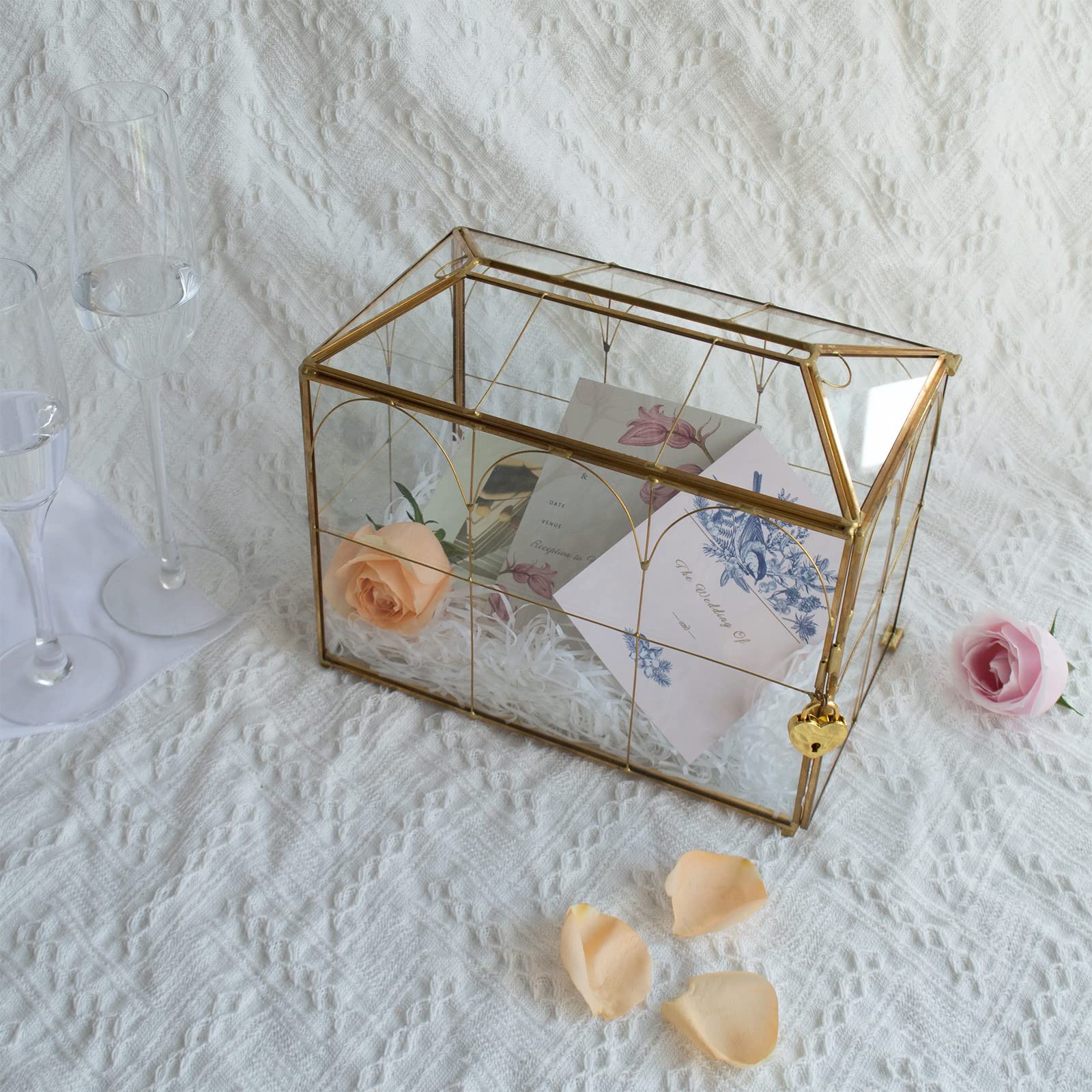 Large Gold and Glass Wedding Card Box with Lock & Key - Vintage Geometric Envelope Holder for Reception, Parties & Bridal Showers - Secure Gift Money Box for Weddings, Anniversaries & Special Events