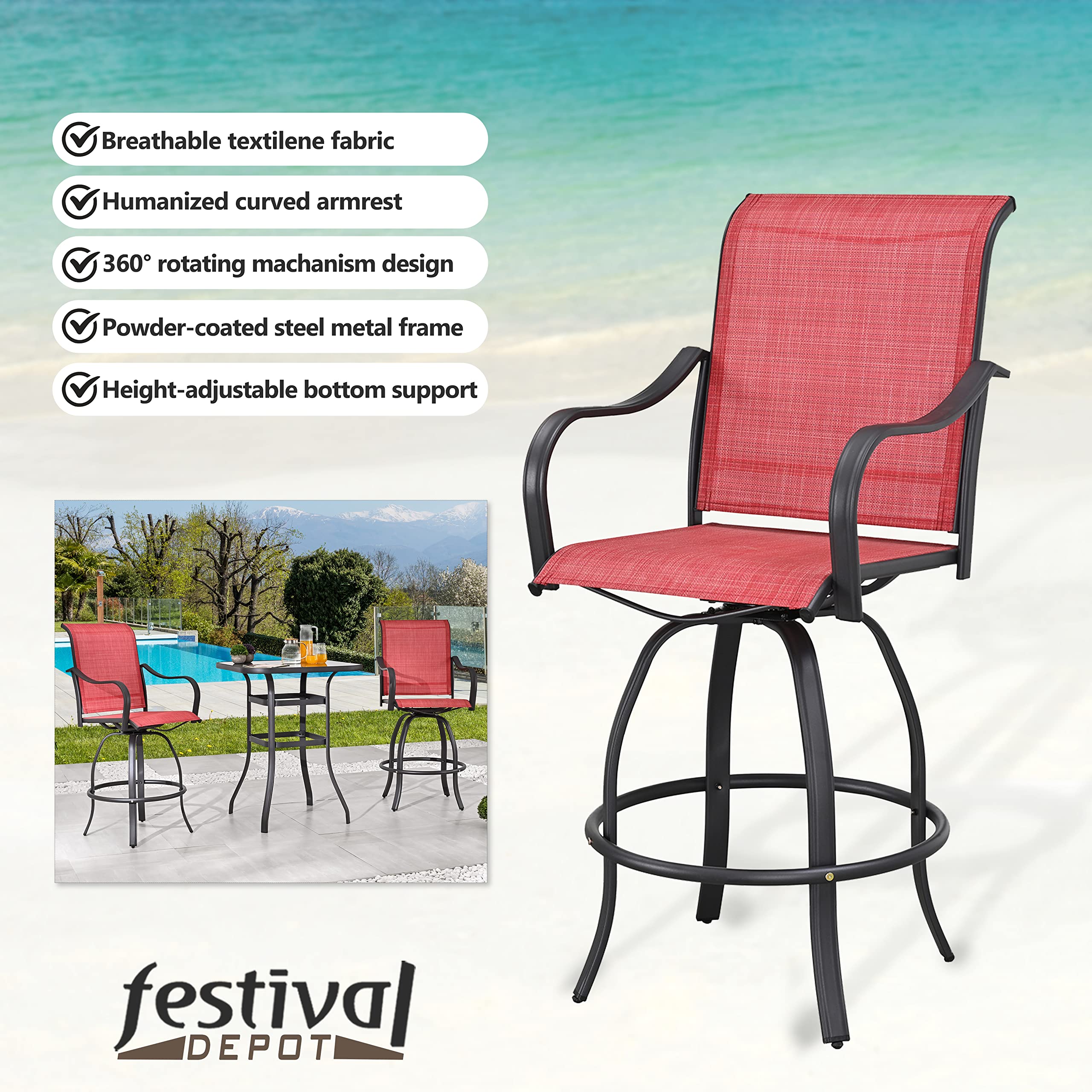 Festival Depot 9-Piece Patio Dining Set - Swivel Bar Height Stools with Armrests, Tempered Glass Top Table & Metal Outdoor Furniture for Backyard, Garden, or Poolside (Red) - Perfect for Outdoor Entertaining & Relaxation
