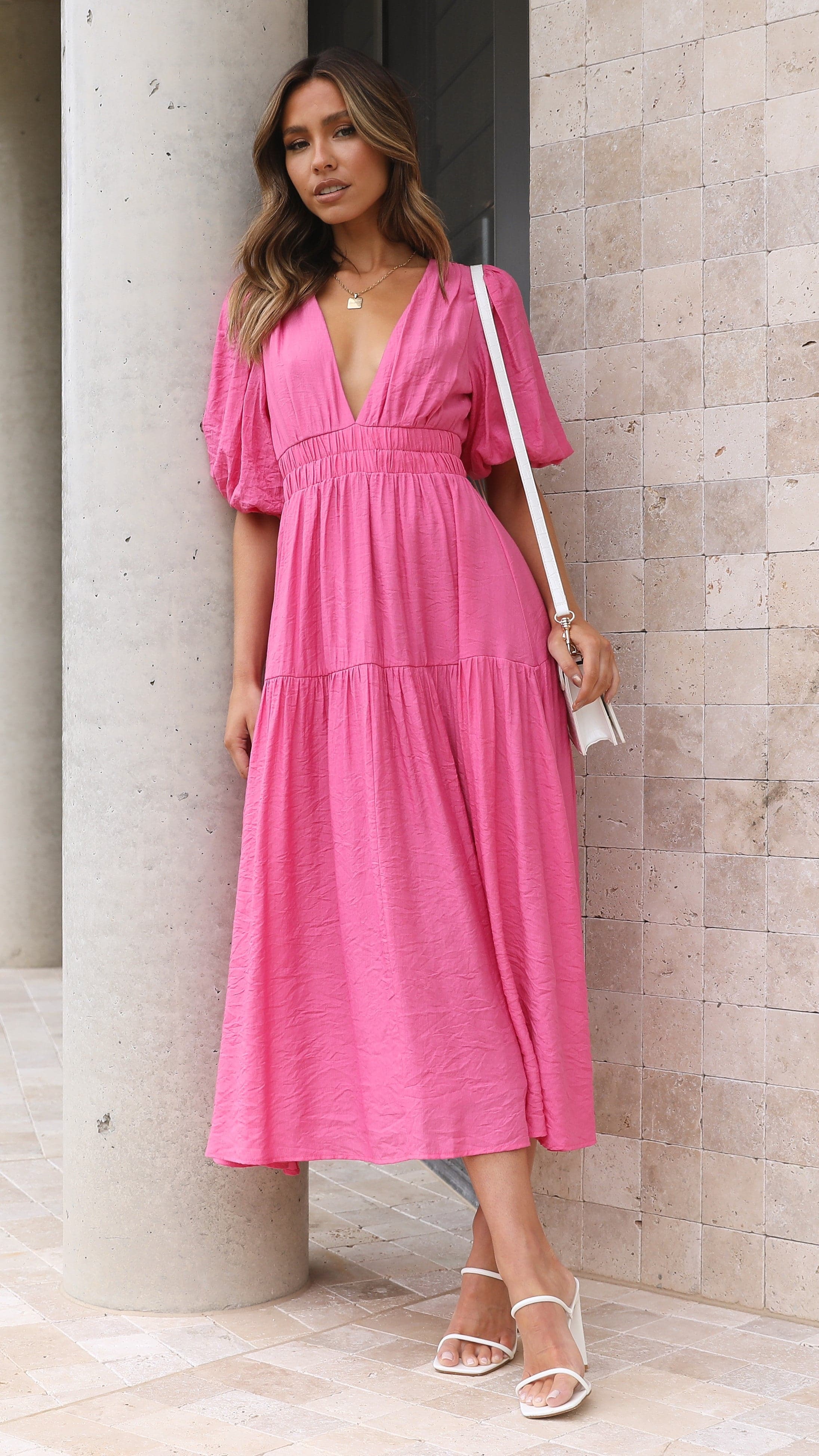 Erin Midi Dress for Women - Flowy Pink Summer Dress with Short Sleeves | Perfect for Casual Wear, Beach Vacation, and Date Nights