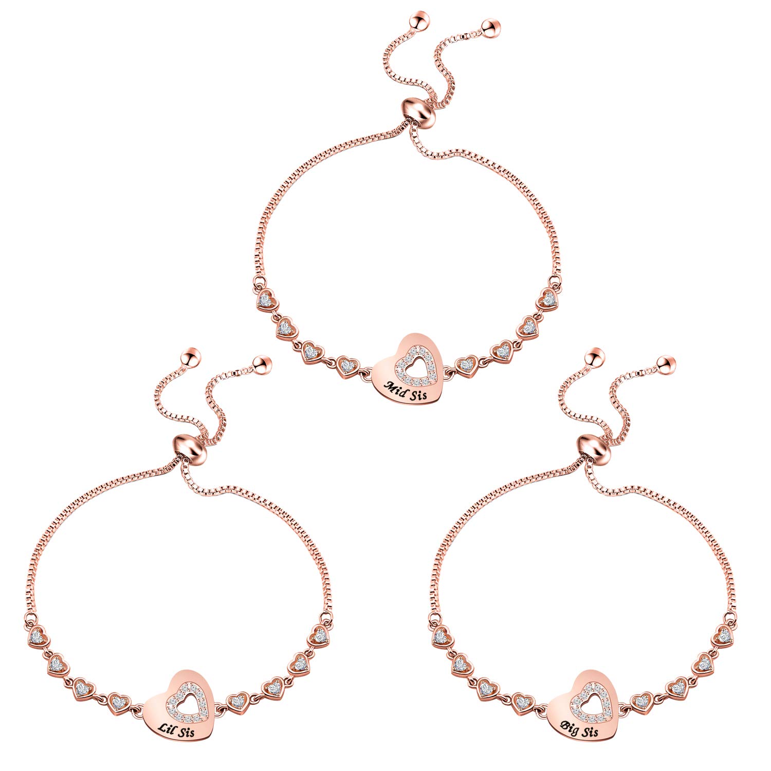 CHOORO Copper Sister Bracelet Set - Heart Rhinestone Pendant Jewelry for 3 Sisters | Best Friend Gift for Women & Girls | Perfect for Birthdays, Anniversaries & Family Bonding
