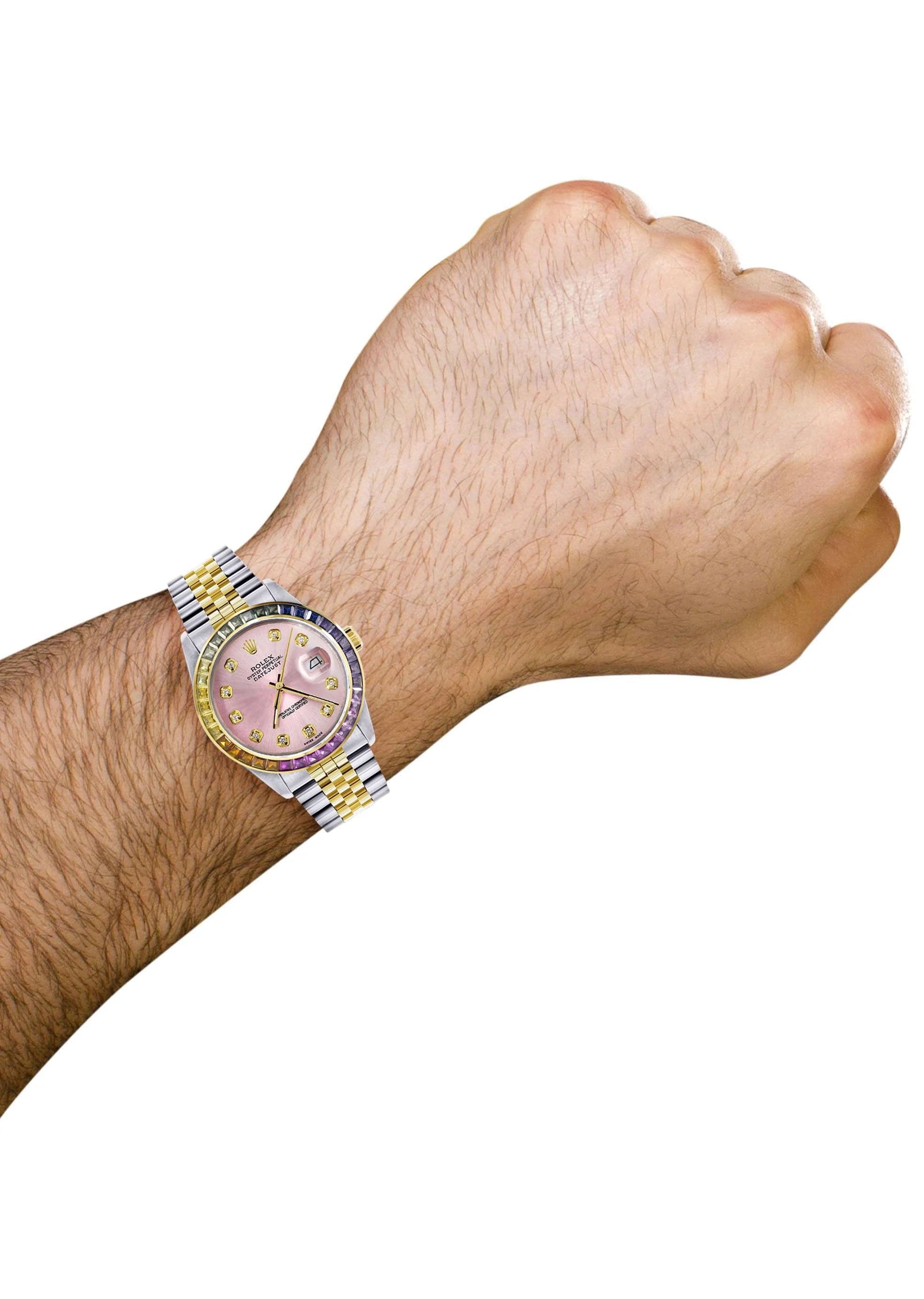 Luxury Diamond Gold Rolex Watch For Men 16233 | 36mm Rainbow Sapphire Bezel | Pink Dial | Jubilee Bracelet | Perfect for Gifts, Weddings & Special Occasions