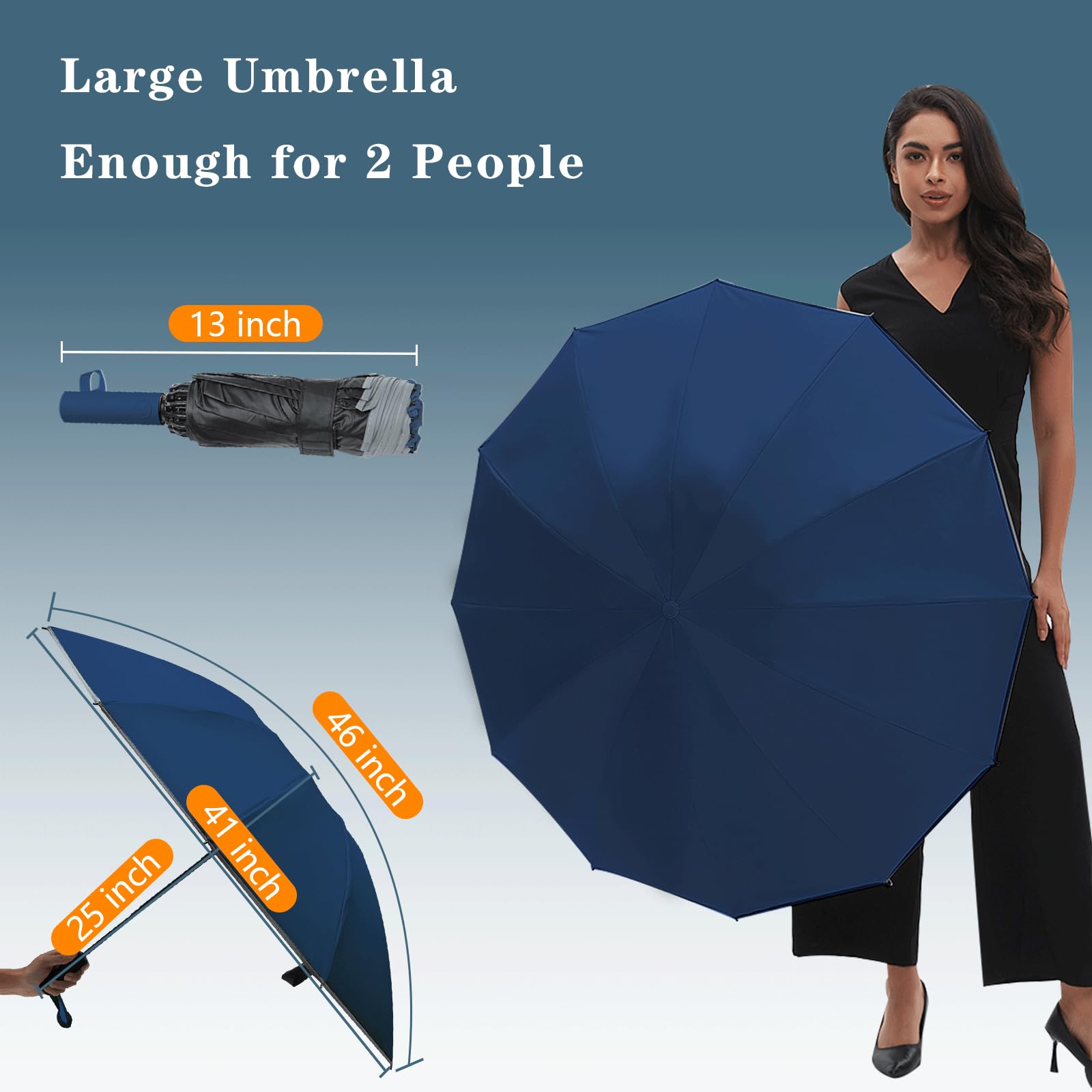 Large Double-Ribs Windproof Umbrella with Reflective Strips - Auto Open/Close Reverse Folding Compact Travel Umbrella for Rainy Days, Walking, Hiking & Outdoor Activities