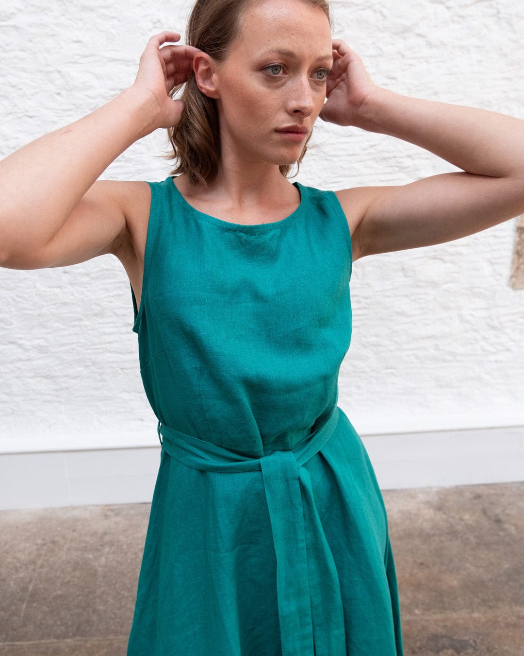 Grace Linen Swing Dress - Flowy Summer Midi Dress with Short Sleeves | Jade Green | Perfect for Beach Vacation, Brunch & Casual Outings
