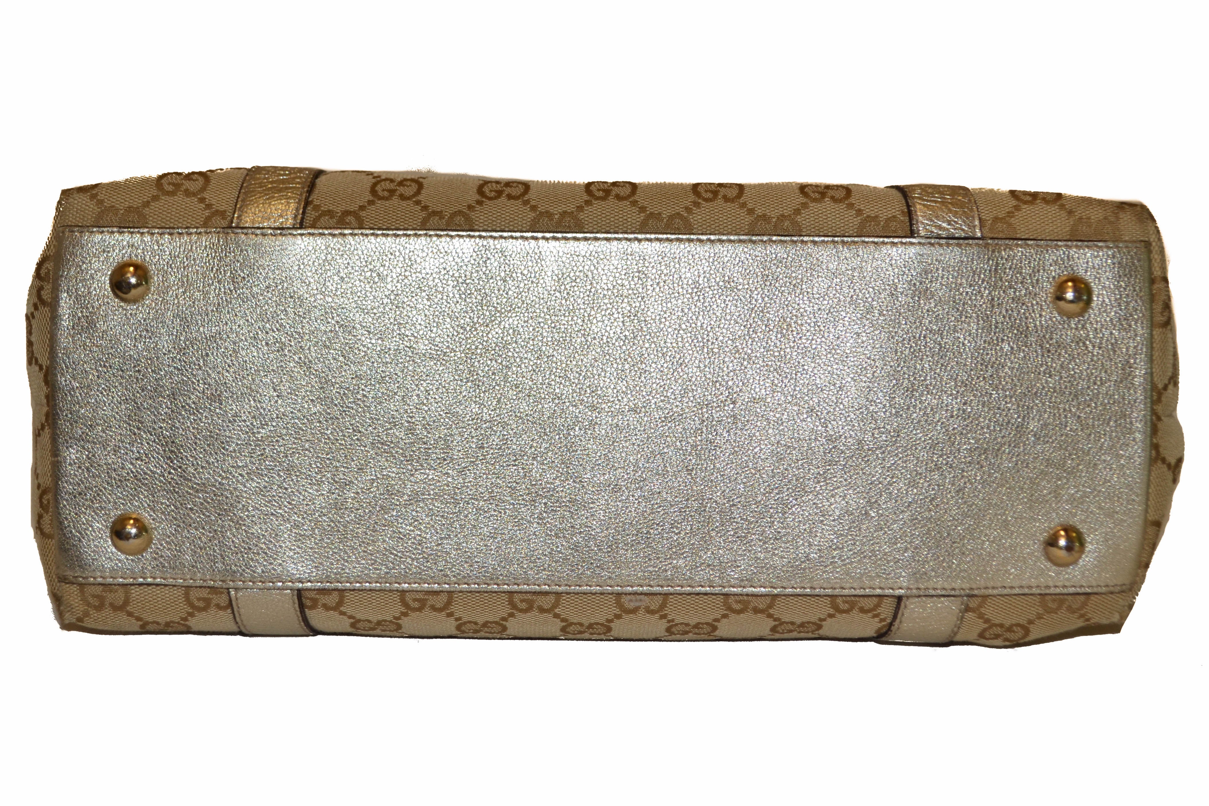 Authentic Gucci Small Tote Bag - Metallic Gold Leather with Beige GG Monogram Canvas | Luxury Designer Handbag for Women | Perfect for Work, Travel & Everyday Use