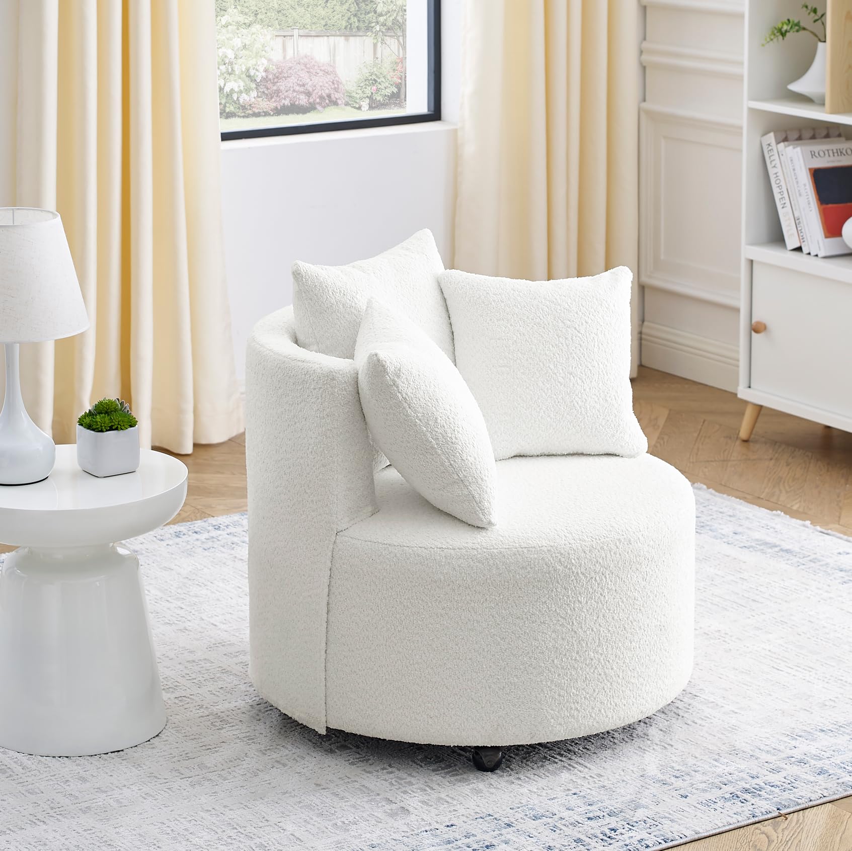 JOYBASE Swivel Barrel Chair - Round 360° Rotating Accent Chair with 3 Decorative Pillows, Oversized Cozy Lounge Chair with Armrests, Modern Circle Club Chair for Living Room, Bedroom, Office - Soft Teddy Fabric in Beige | Perfect for Reading Nook, Home Theater Seating & Cozy Corner Decor