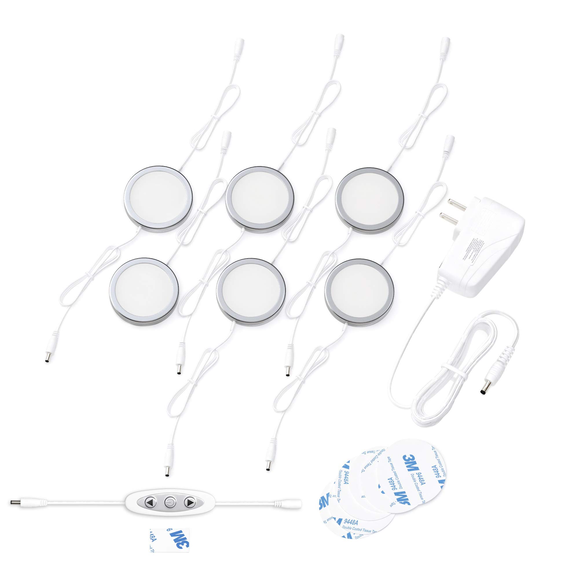 EShine 6-Pack Dimmable Under Cabinet Puck Lights - 60mm Round LED Lights with Dimmer Switch, Warm White 3000K - Perfect for Kitchen, Closet, and Display Lighting