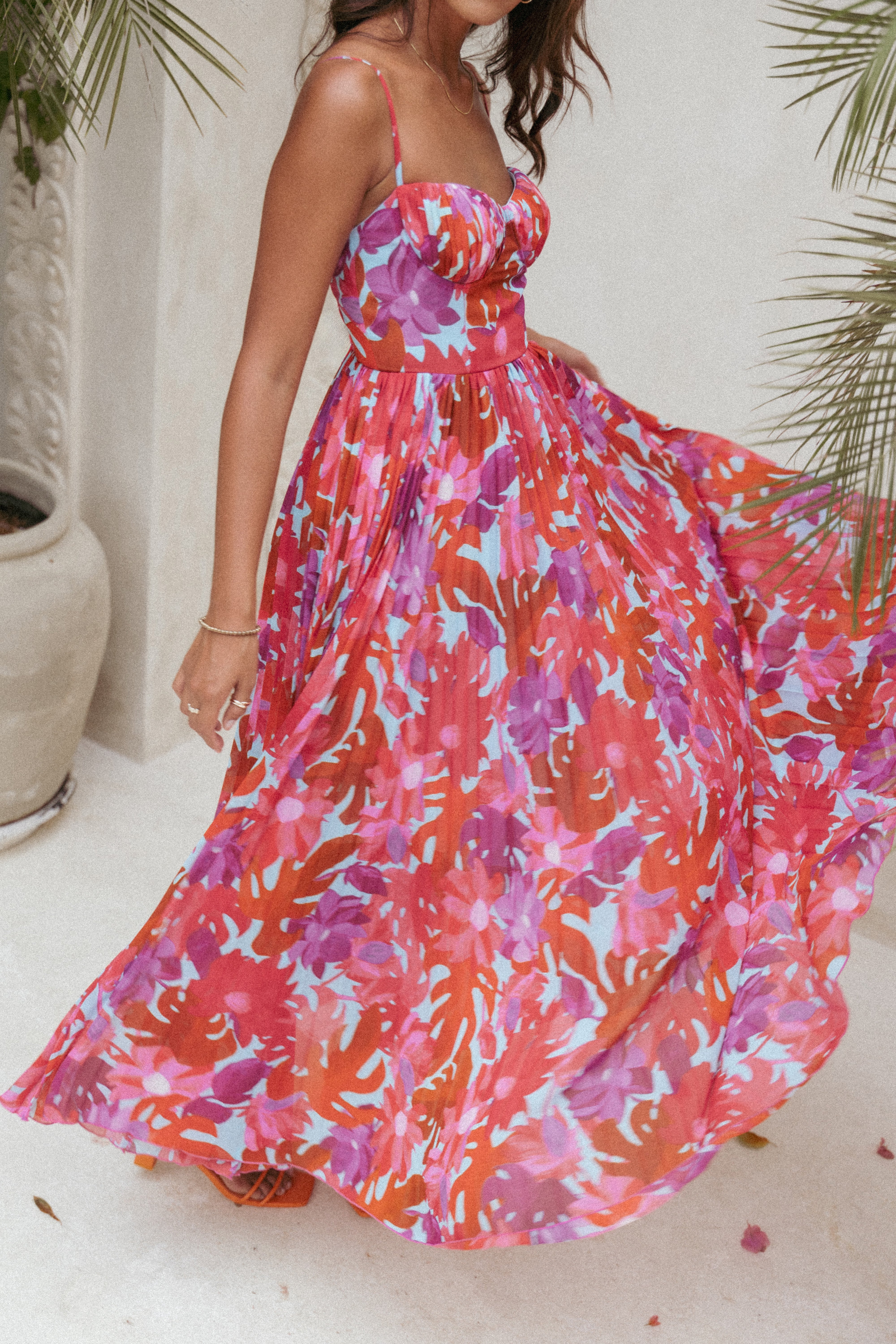 Achanti Pleated Maxi Dress - Pink Azalea Flowy Long Dress for Women | Summer Beach Wedding Party Wear
