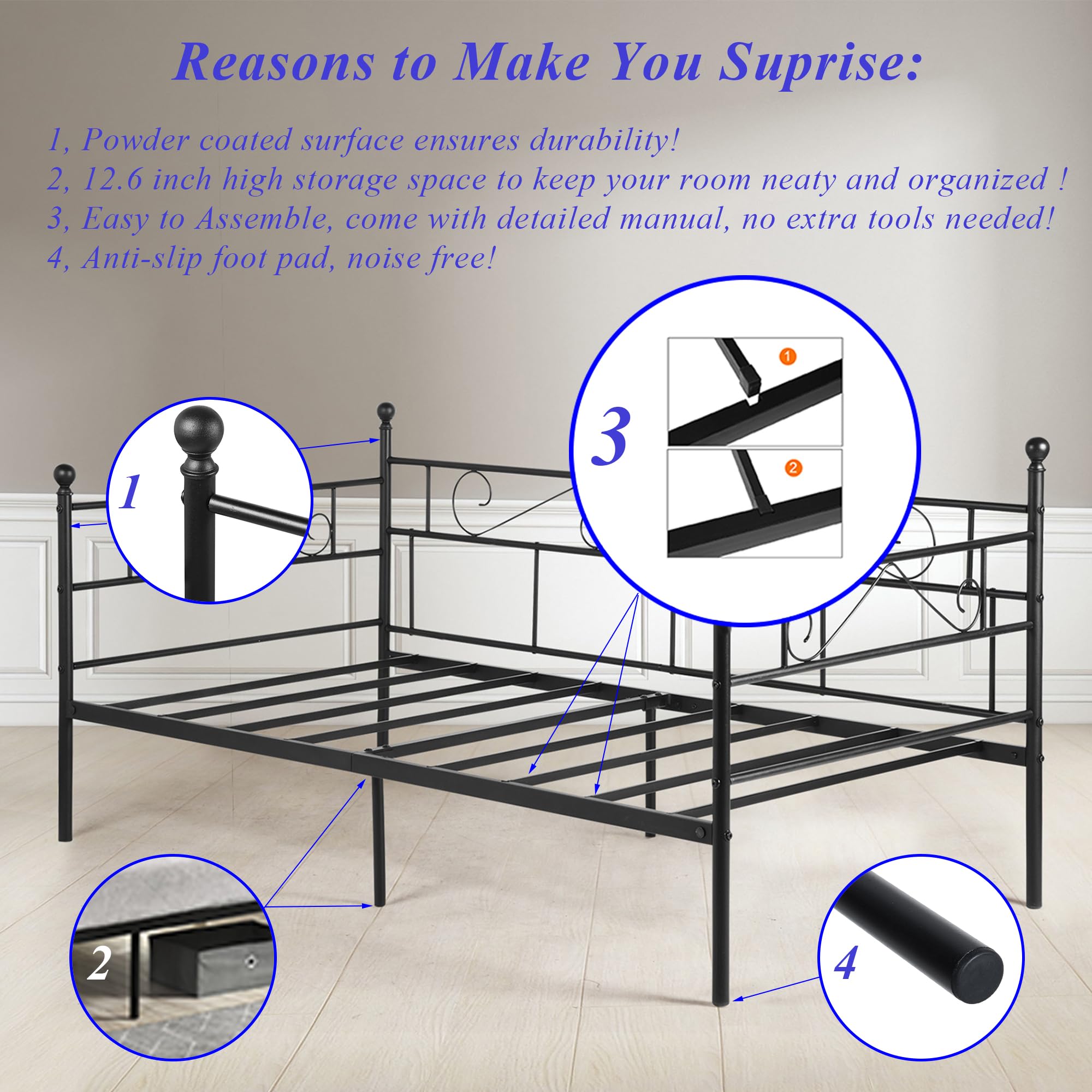 Sturdy Metal Daybed Frame Twin Size with Headboard - Square Steel Slats Platform Bed for Living Room, Guest Room & Dorm - Black | Perfect for Small Spaces, Sleepovers & Multi-Purpose Furniture