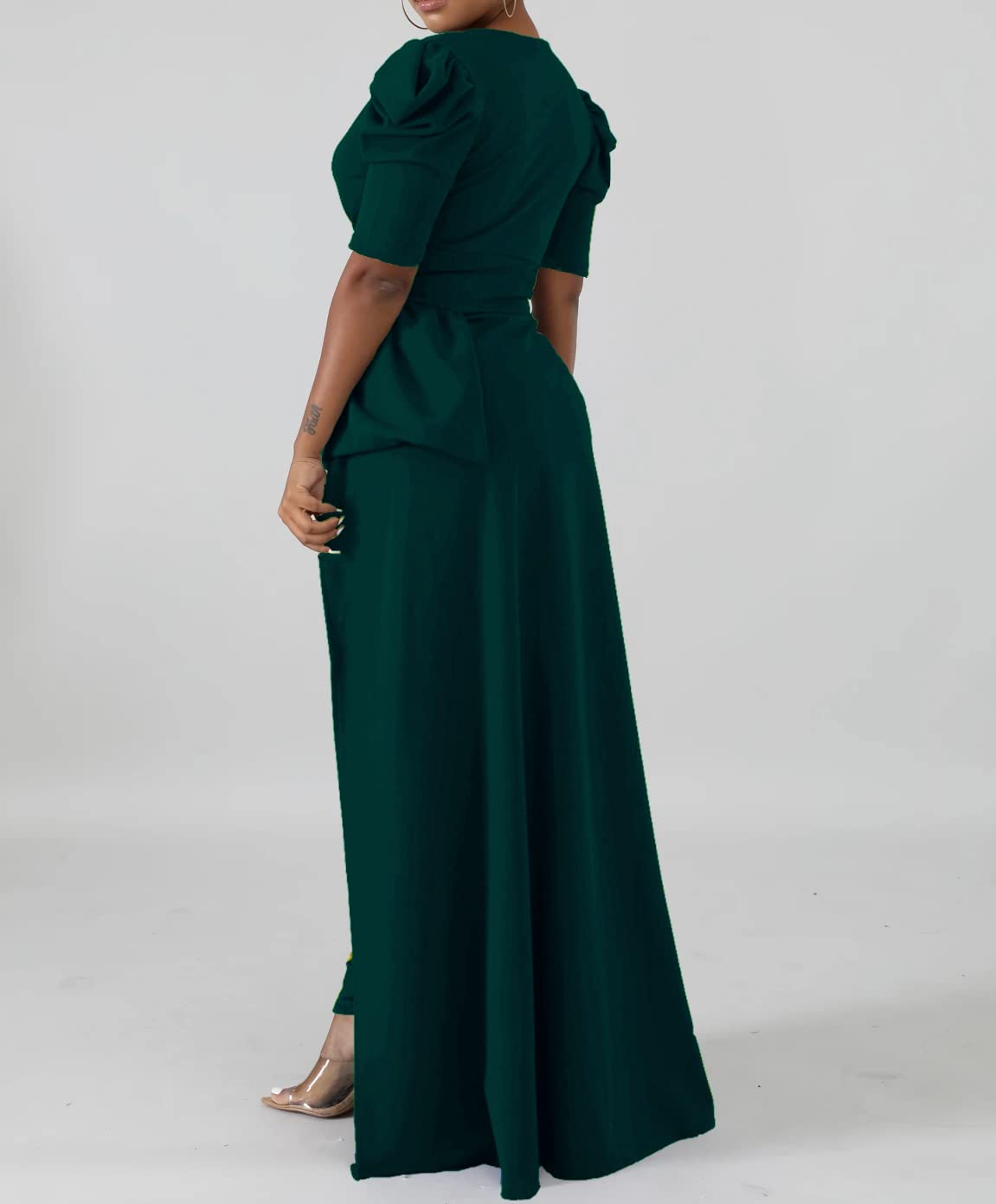 Women's Deep V Neck Puff Sleeve Asymmetrical Wrap Blouse - Peplum Tunic Casual Shirt Dress in Dark Green | Perfect for Office Wear, Date Nights & Special Occasions