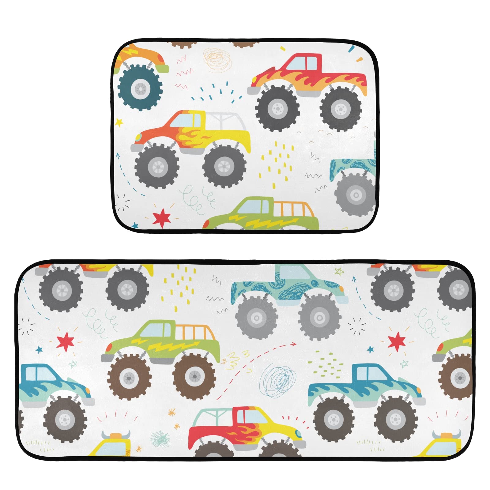 Kids Doodle Monster Truck Non-Slip Kitchen Mat Set of 2 - Washable Anti-Fatigue Cushioned Foam Floor Mats for Standing Comfort - Perfect for Kitchens, Playrooms & Home Decor