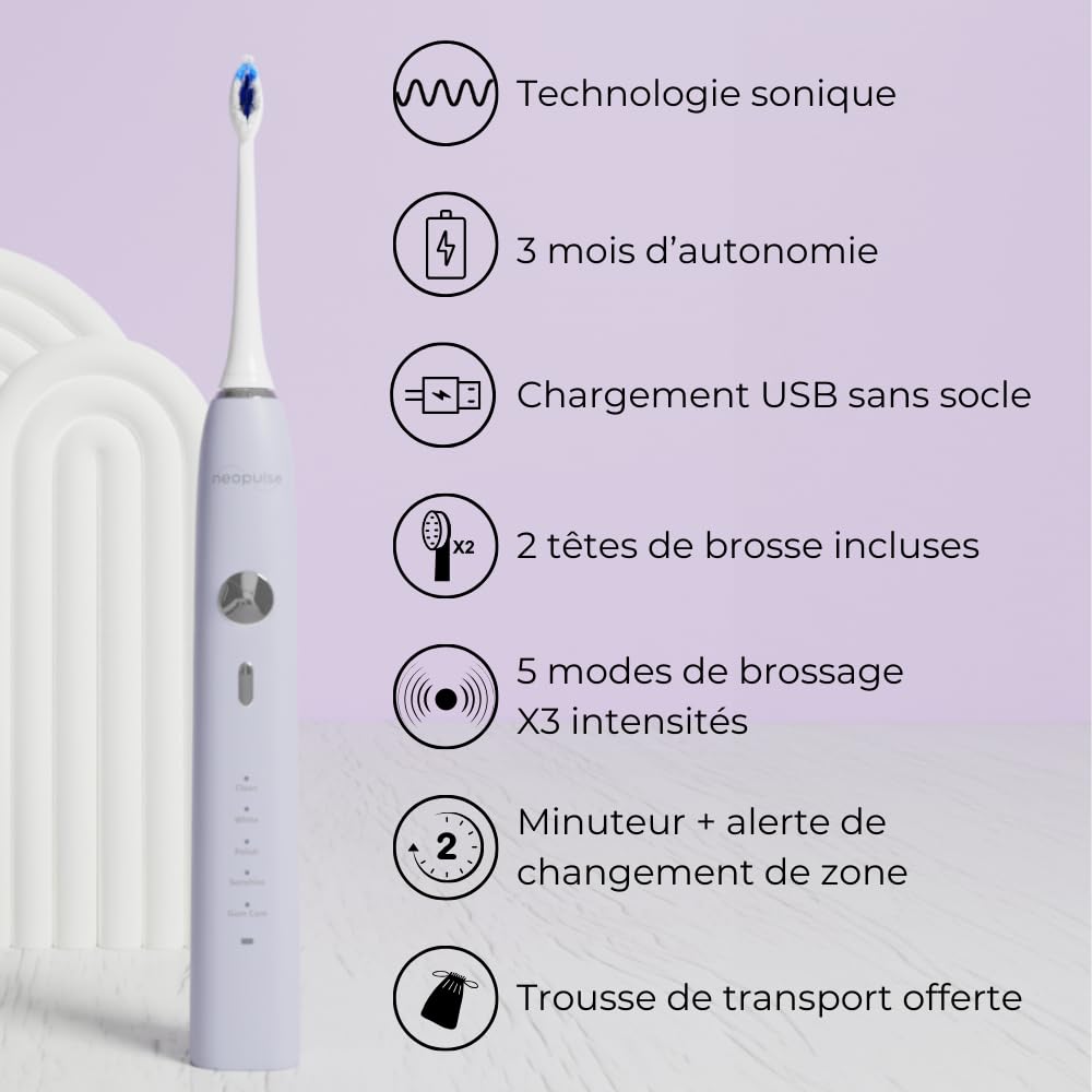 NEOPULSE® NEOSONIC® Electric Toothbrush with Sonic Technology - USB Rechargeable, 15 Modes, 2 Brush Heads, 3-Month Battery Life - Timer & NEOKIDS Compatible - Perfect for Travel & Family Oral Care