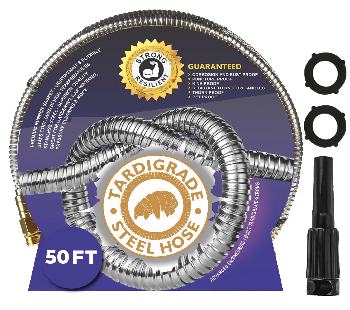 Premium 50FT Stainless Steel Garden Hose - Heavy Duty 304 Metal Water Hose for Yard, Lawn & Outdoor Use | Flexible, Kink-Free, Lightweight & Rustproof | Perfect for Gardening, Car Washing & Pet Care
