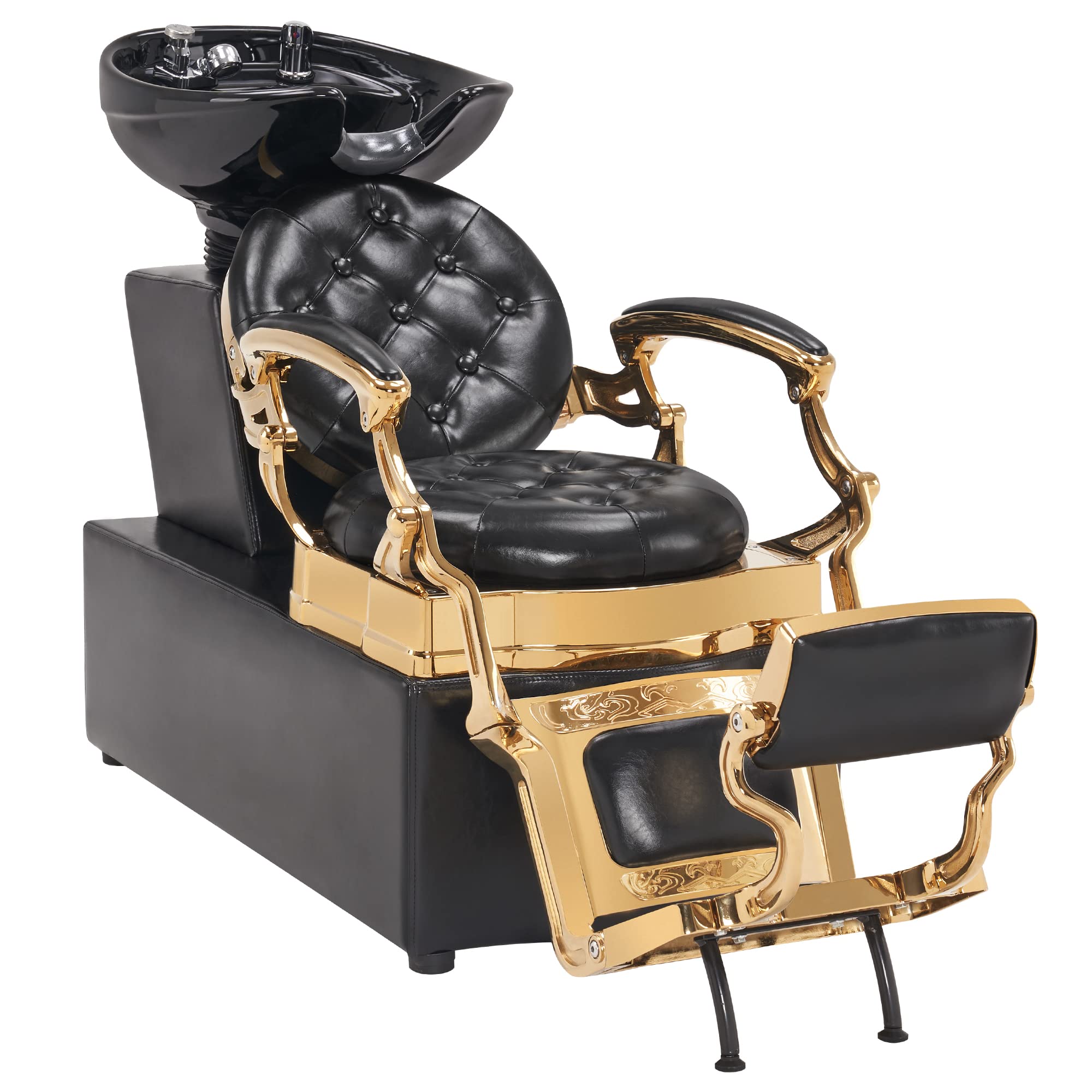 **Vintage Barber Chair with Ceramic Shampoo Bowl Sink - Gold Salon Styling Station for Hairdressers & Spas | Perfect for Barber Shops, Beauty Salons & Home Styling**
