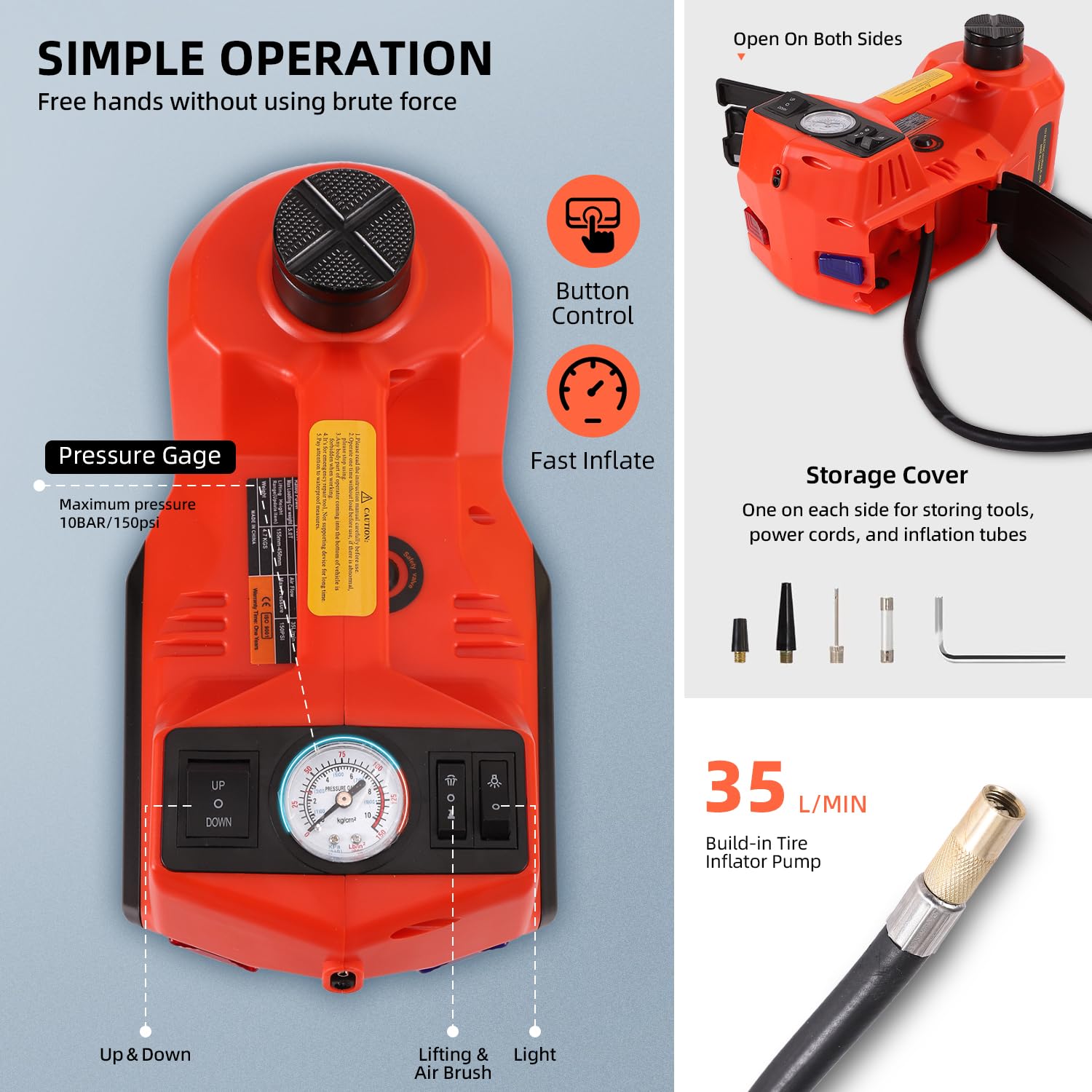 5 Ton 12V Electric Car Jack with Built-in Air Pump - Heavy Duty Hydraulic Floor Jack for SUV, Truck & Vehicle Tire Change - Perfect for Emergency Roadside Repairs & Garage Maintenance