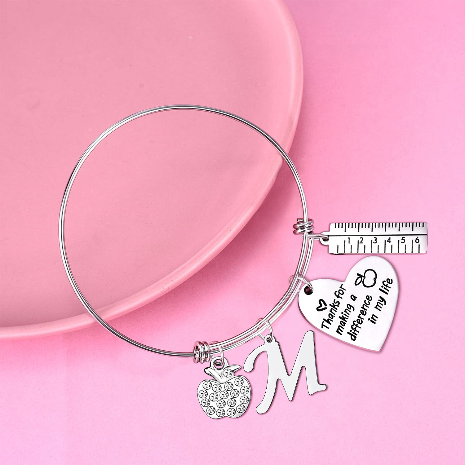 NZztont Personalized Initial Bangle Bracelet for Women - Teacher Appreciation Gift, Thank You Present for Educators - Perfect for Teacher's Day, Retirement, Christmas & End of Year Gifts