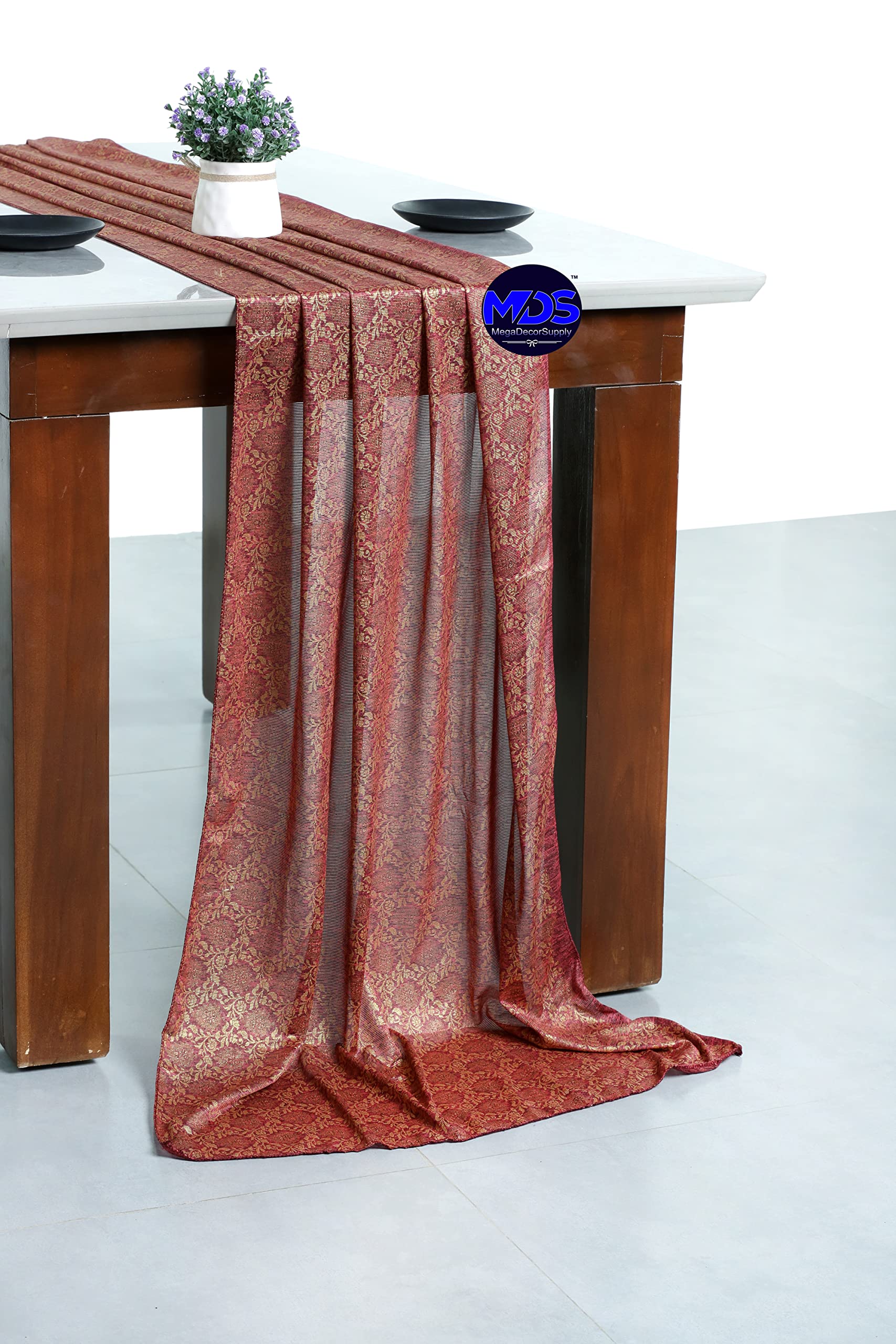 12-Pack Gold Foil Wedding Table Runners 20x120 Inch - Elegant Maroon Banquet Decor for 10ft Tables | Perfect for Wedding Receptions, Bridal Showers & Anniversary Celebrations