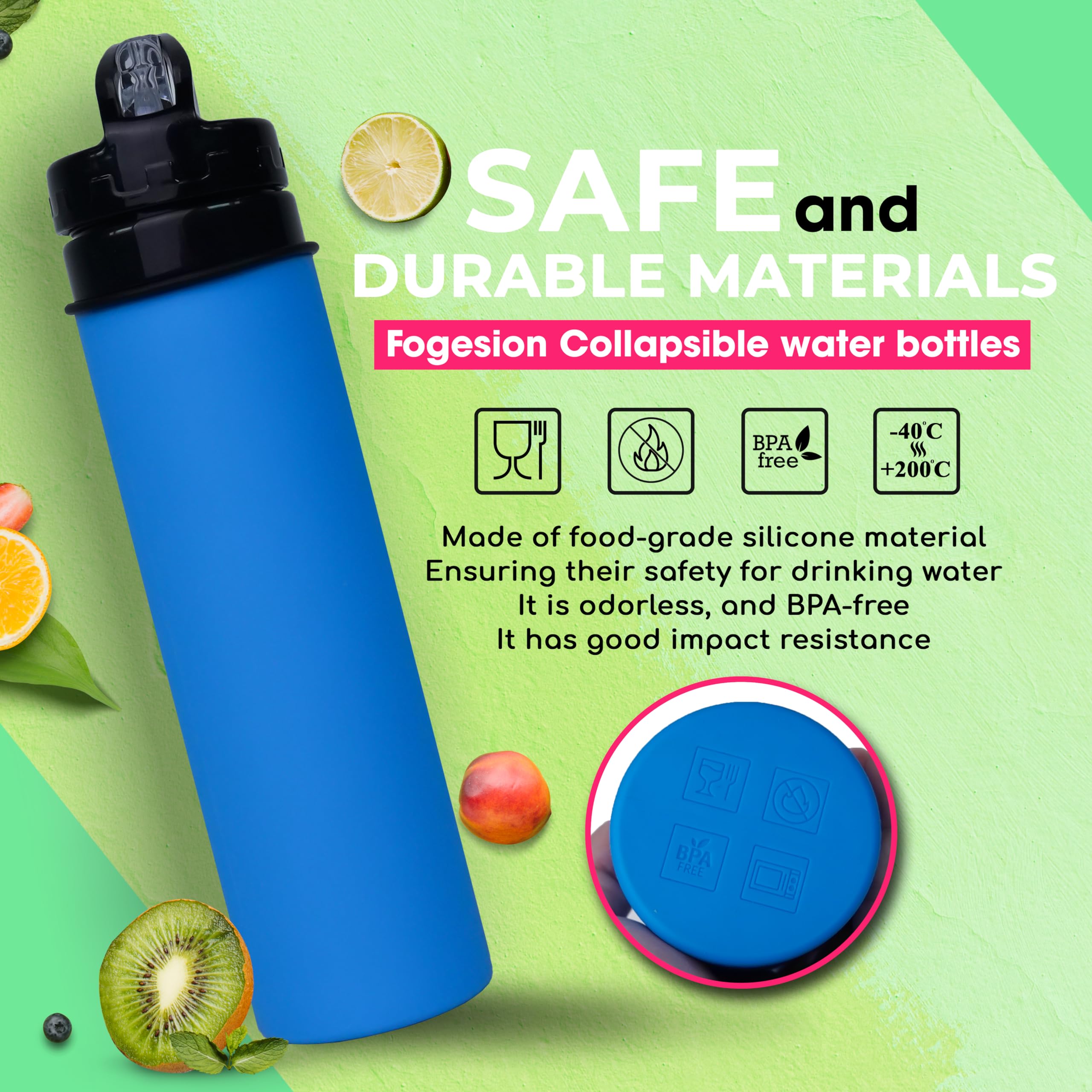 Collapsible Water Bottle 20oz - BPA Free, Leak Proof, Food Grade Silicone - Portable Reusable Water Jug for Travel, Camping, Hiking, Gym, Workout & Outdoor Activities (Blue)