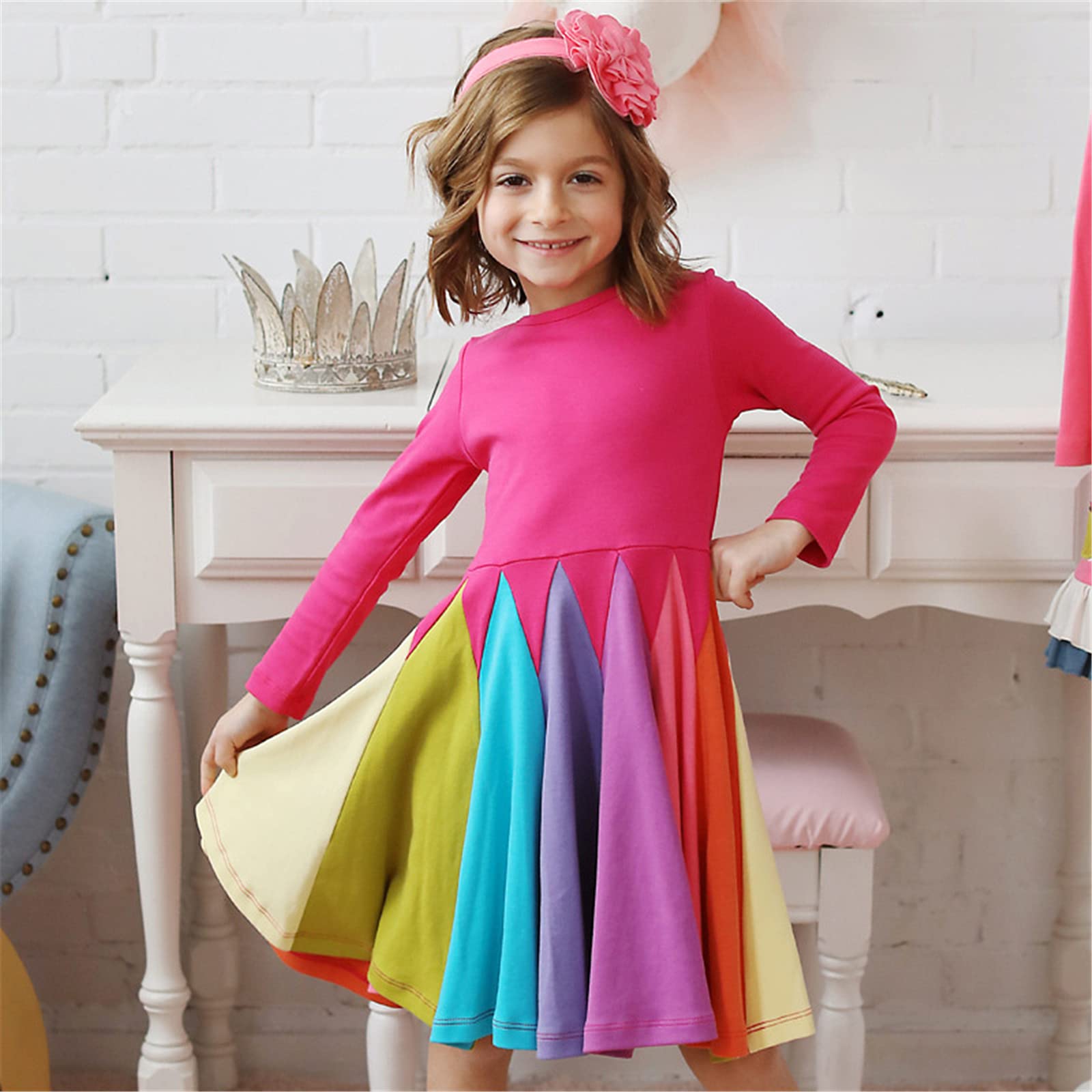 KISSOURBABY Girls Long Sleeve Cotton Casual Dress - Vintage Print Princess Dress for Toddler & Kids - Perfect for Birthday Party, School, Holiday & Family Photos