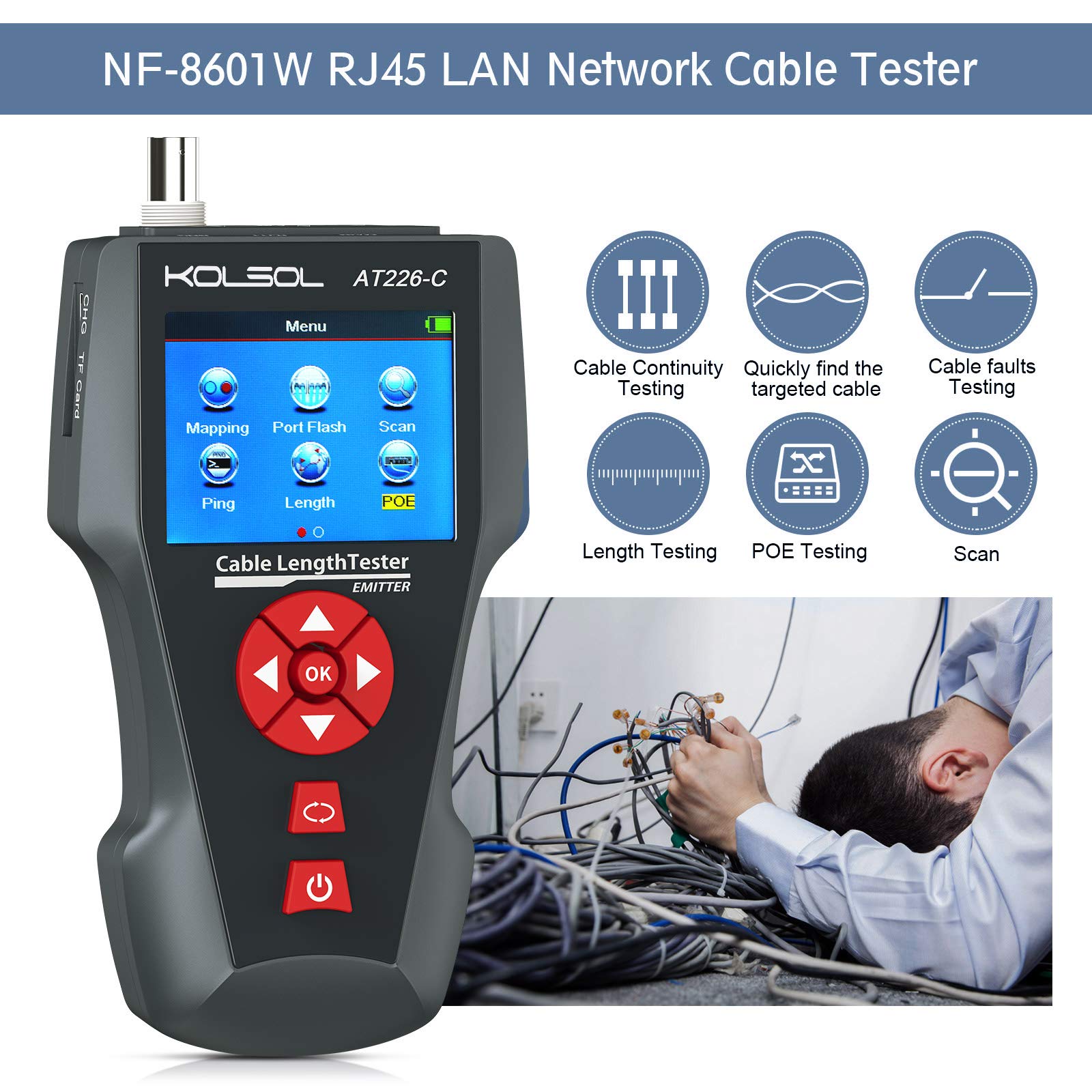 Professional Network Cable Tester - AT226-C NF-8601W LAN Ethernet Tester for RJ45/RJ11/BNC, UTP/STP Cable Diagnostics, Tone Tracer, Length Measurement & POE/PING Detection - Ideal for IT Technicians, Network Installations & Home Office Setups
