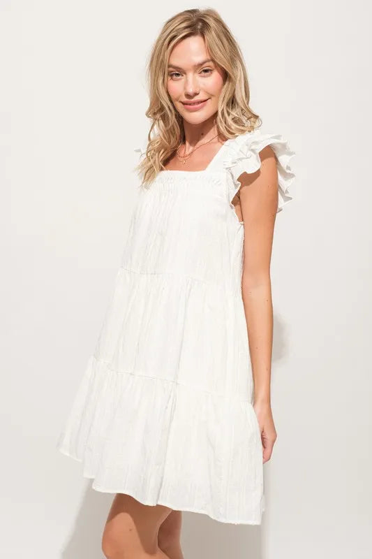 Elegant White Pleated Ruffled Sleeve Tiered Resort Dress for Women - Perfect for Beach Vacations, Summer Weddings & Tropical Getaways