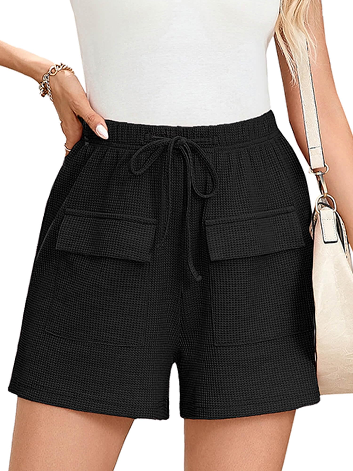 KORSIS Women's High Waist Casual Shorts with Drawstring - Soft Waffle Fabric Summer Lounge Pajama Shorts with Pockets (S-2XL) - Perfect for Home, Yoga, Travel & Beach Wear