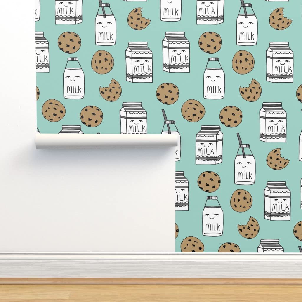 Removable Wallpaper 6ft x 2ft - Milk Cookies Mint Food Themed Cute Nursery Wallpaper for Kids Room Decor | Pre-Pasted Peel & Stick Wallpaper by Spoonflower | Perfect for Baby Nursery, Playroom & DIY Home Decor