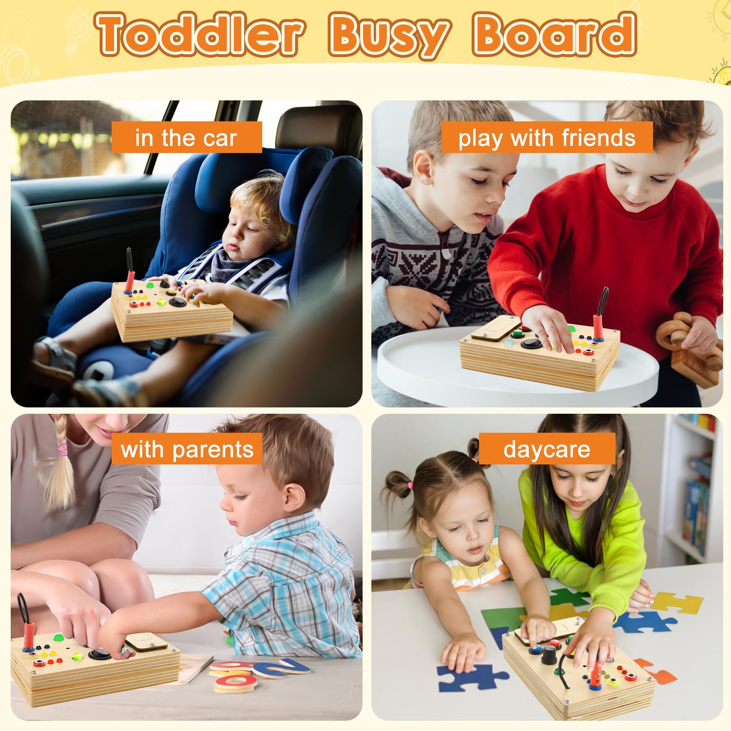 Montessori Busy Board for Toddlers 1-3 - Wooden Sensory Toys with LED Light Switch & Pluggable Wires - Autism Sensory Wall Panel & Fidget Board for Kids - Perfect for Early Learning, Travel, and Home Playtime