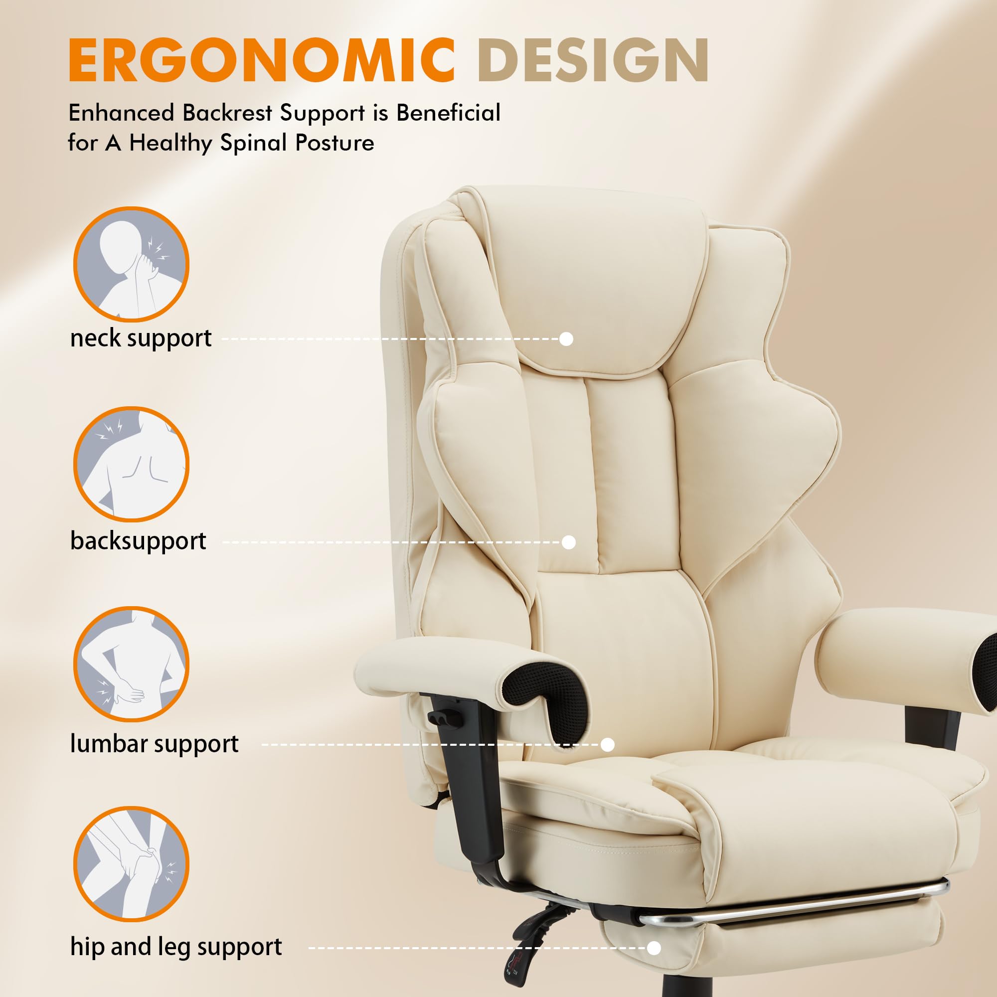 HOMREST 6-Point Massage Executive Office Chair with Heating - Ergonomic Leather Computer Desk Chair, Adjustable Armrests, Retractable Footrest & Reclining Function (Off White) - Perfect for Home Office, Gaming & Workspaces