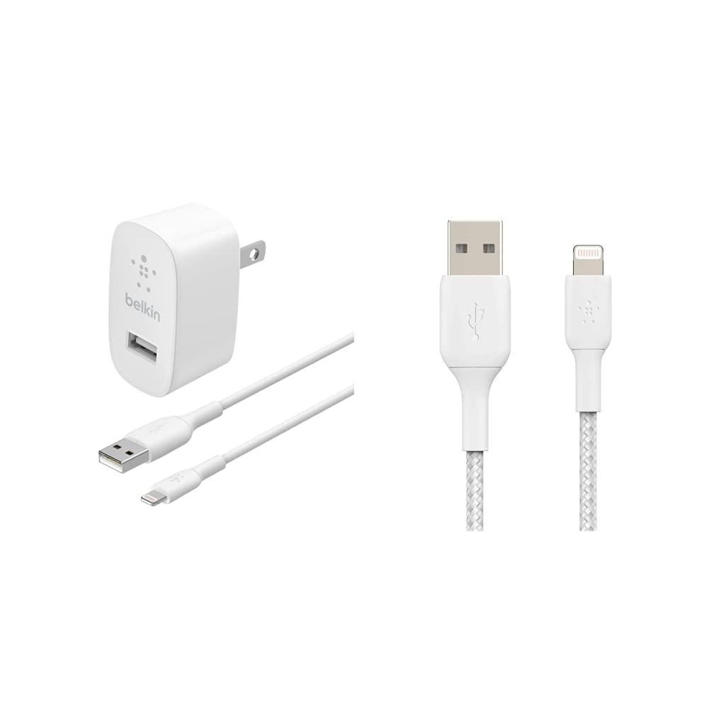 Belkin 12W USB Wall Charger with 1M PVC & 6.5ft Braided Lightning Cable - MFi Certified Fast Charger for iPhone, Pixel & More - Perfect for Home, Office & Travel (CAA002bt2MWH)