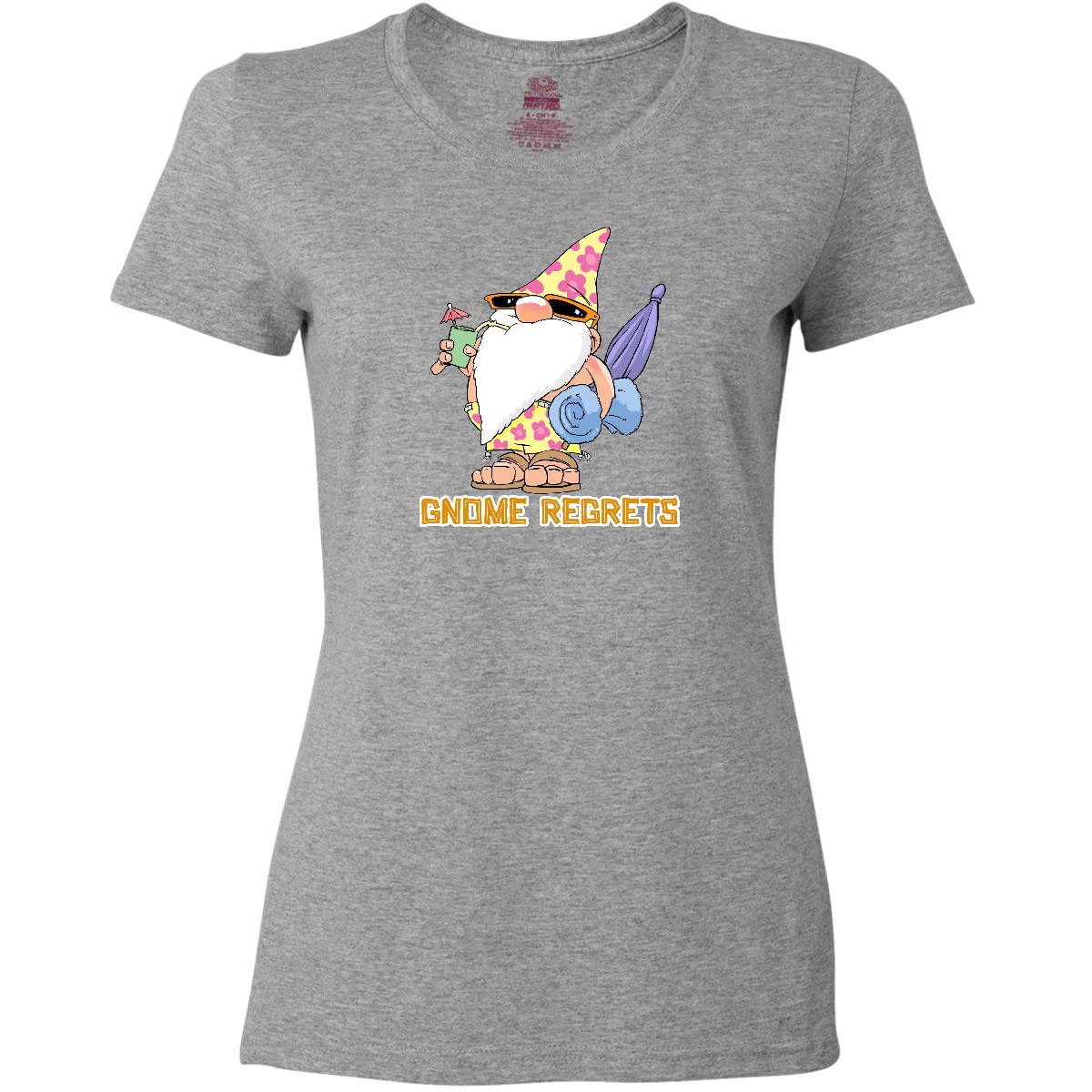 Inktastic Vacation Beach Bum Gnome Regrets Women's T-Shirt | Funny Beach Gnome Graphic Tee | Casual Summer Outfit for Women | Perfect for Vacations, Beach Trips & Relaxing