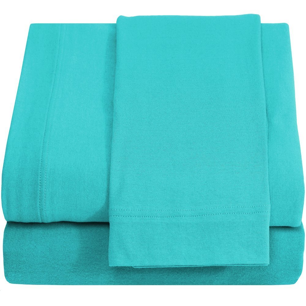 100% Cotton Breathable & Cooling Jersey Knit Bed Sheets - Ultra Soft Twin XL Sheets with Deep Pockets for Dorm, Hospital & Split King Beds - Perfect for Hot Sleepers & Summer Nights (Aqua)
