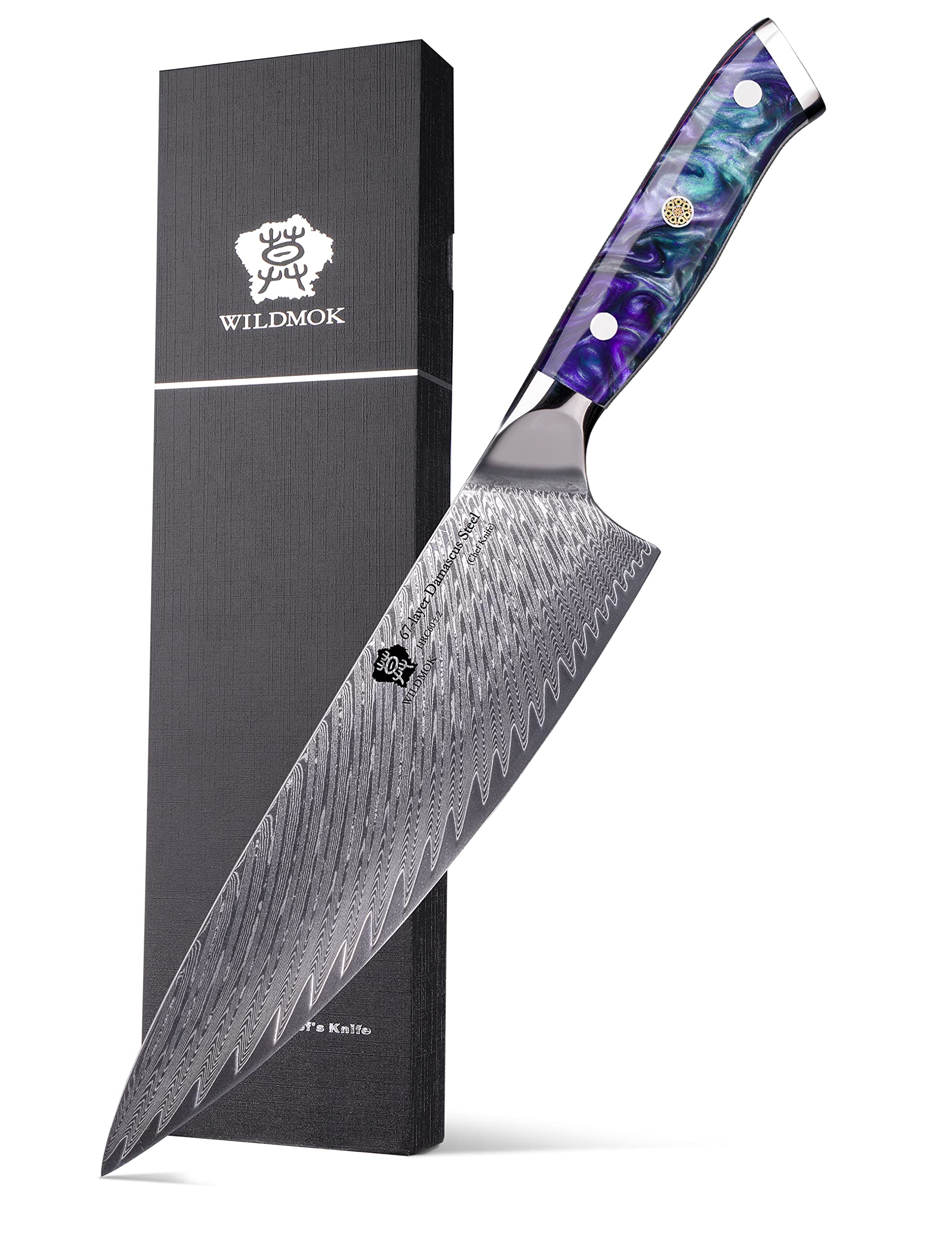 Premium WILDMOK Damascus Chef Knife 8 Inch - Japanese Style High Carbon Steel Kitchen Knife with Resin Handle - Ultra Sharp Professional Cooking Knife with Gift Box - Perfect for Sushi, Meat Cutting & Home Chefs