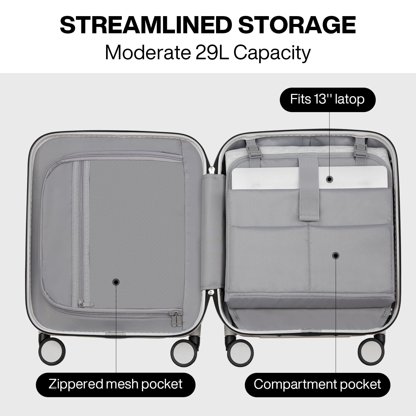 Mixi 16 Inch Carry On Luggage - Underseat Hardshell PC Suitcase with 360° Spinner Wheels & TSA Lock, Lightweight Smoke White Travel Suitcase for Airplane, Business Trip & Weekend Getaways