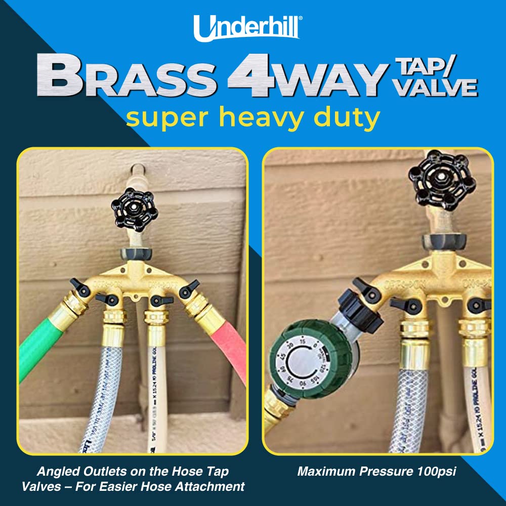 Underhill 4-Way Heavy-Duty Brass Hose Splitter Adapter with Shut Off Valve - 3/4 Inch Garden Water Hose Connector - Perfect for Lawn Irrigation, Car Washing & Outdoor Cleaning
