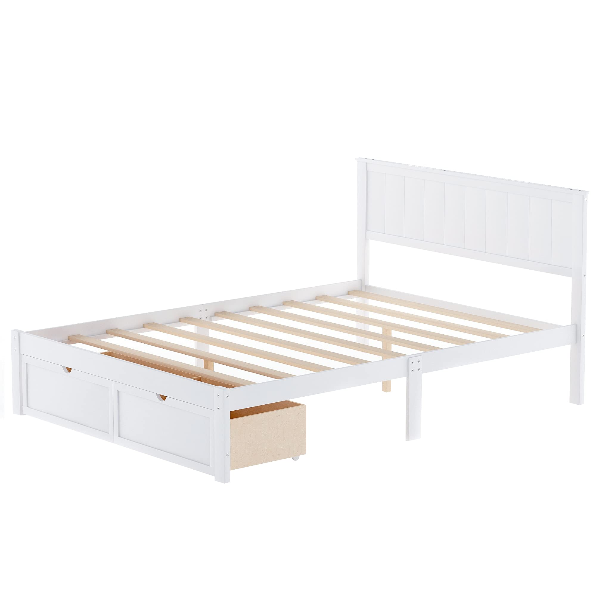 Rhomtree Wood Bed Frame with Storage Drawers - Platform Bed for Small Spaces, Easy Assembly (White, Full) - Perfect for Apartments & Guest Rooms