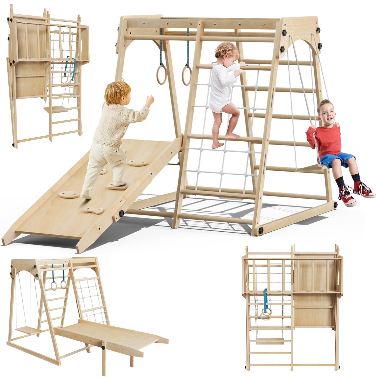 8-in-1 Foldable Montessori Indoor Jungle Gym for Toddlers - Space-Saving Climbing Playset with Slide, Monkey Bars, Swing & Play Table | Perfect for Home Playrooms, Daycares & Preschools | Encourages Physical Development & Active Play